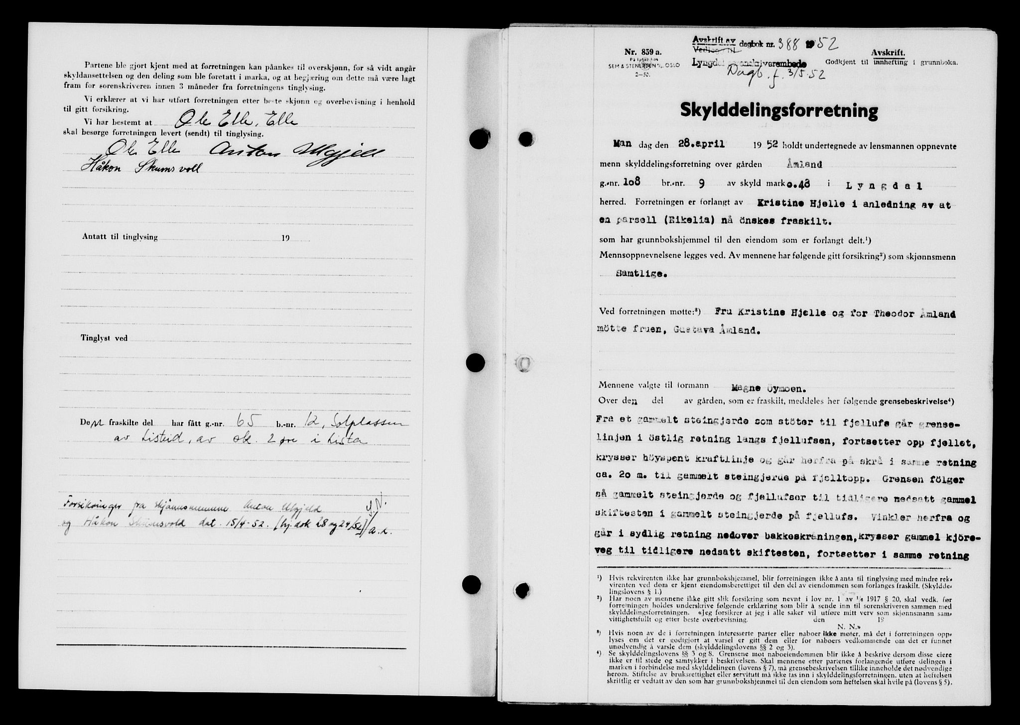 Lyngdal sorenskriveri, AV/SAK-1221-0004/G/Gb/L0667: Mortgage book no. A XIII, 1951-1952, Diary no: : 388/1952