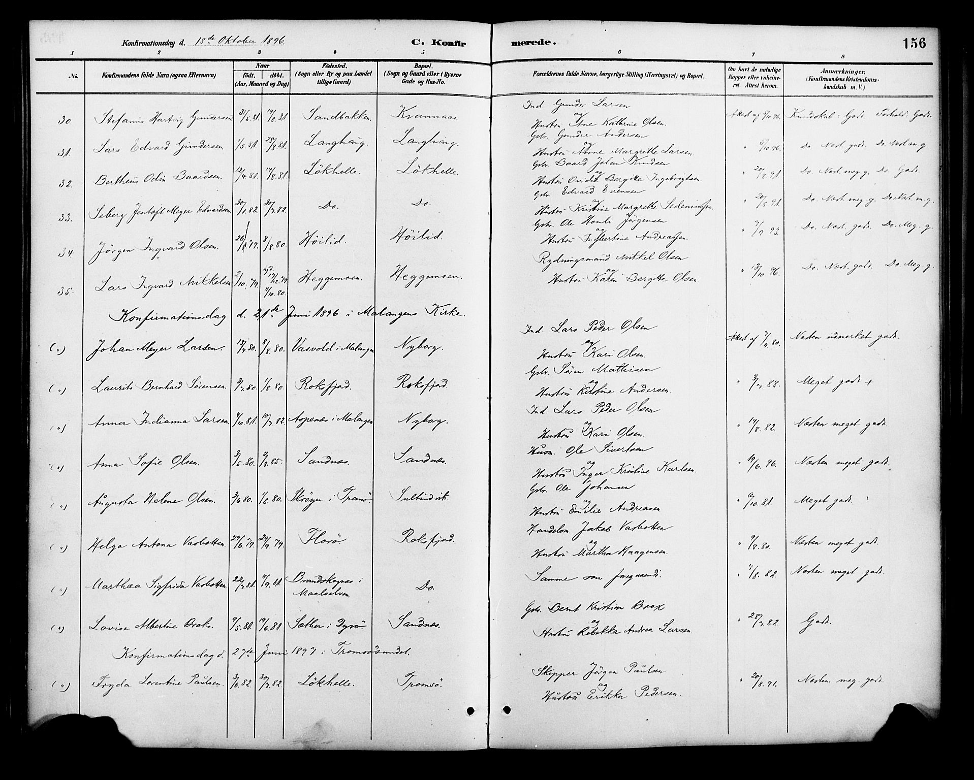 Lenvik sokneprestembete, SATØ/S-1310/H/Ha/Haa/L0013kirke: Parish register (official) no. 13, 1890-1898, p. 156