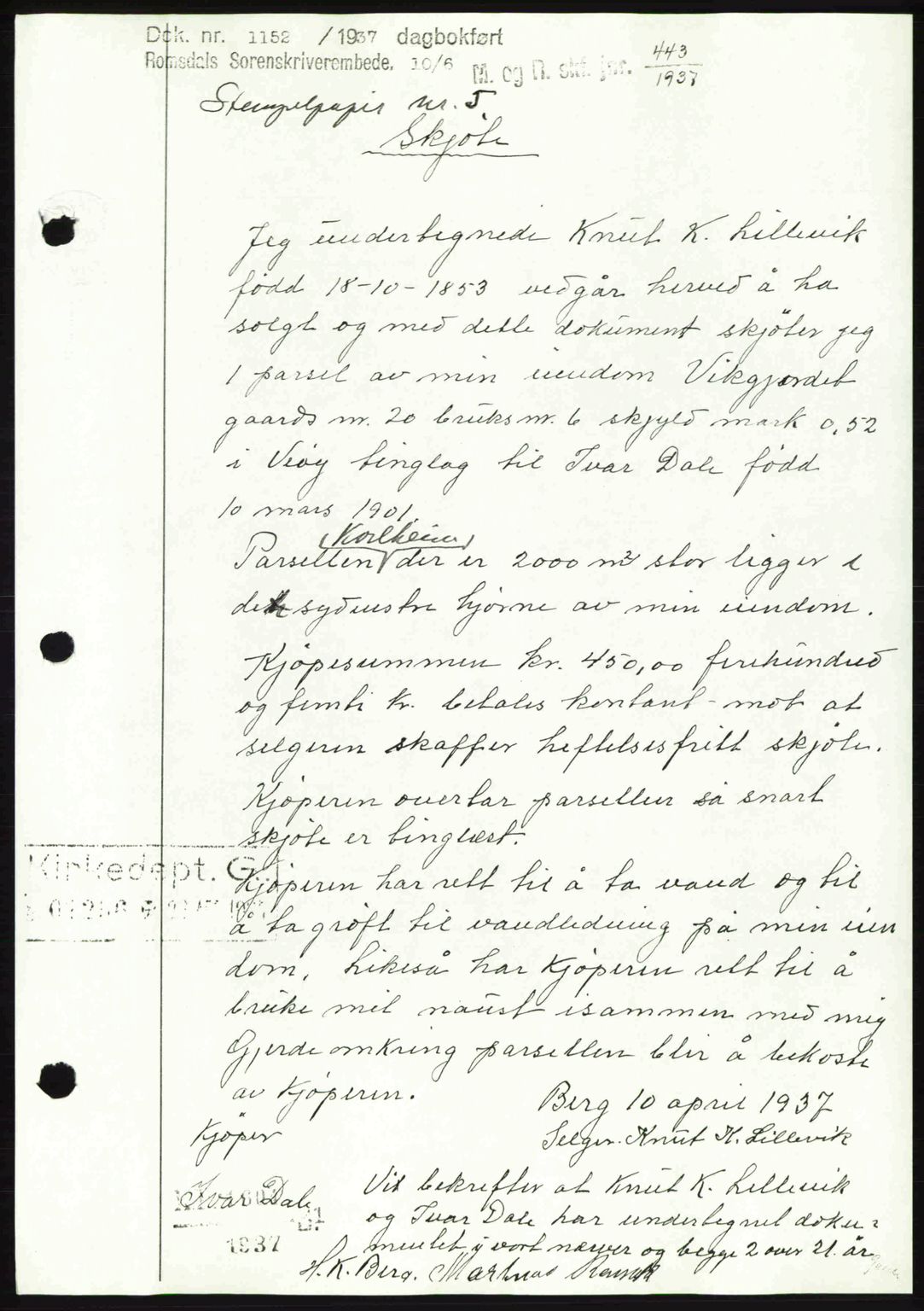 Romsdal sorenskriveri, AV/SAT-A-4149/1/2/2C: Mortgage book no. A4, 1937-1938, Diary no: : 1152/1937