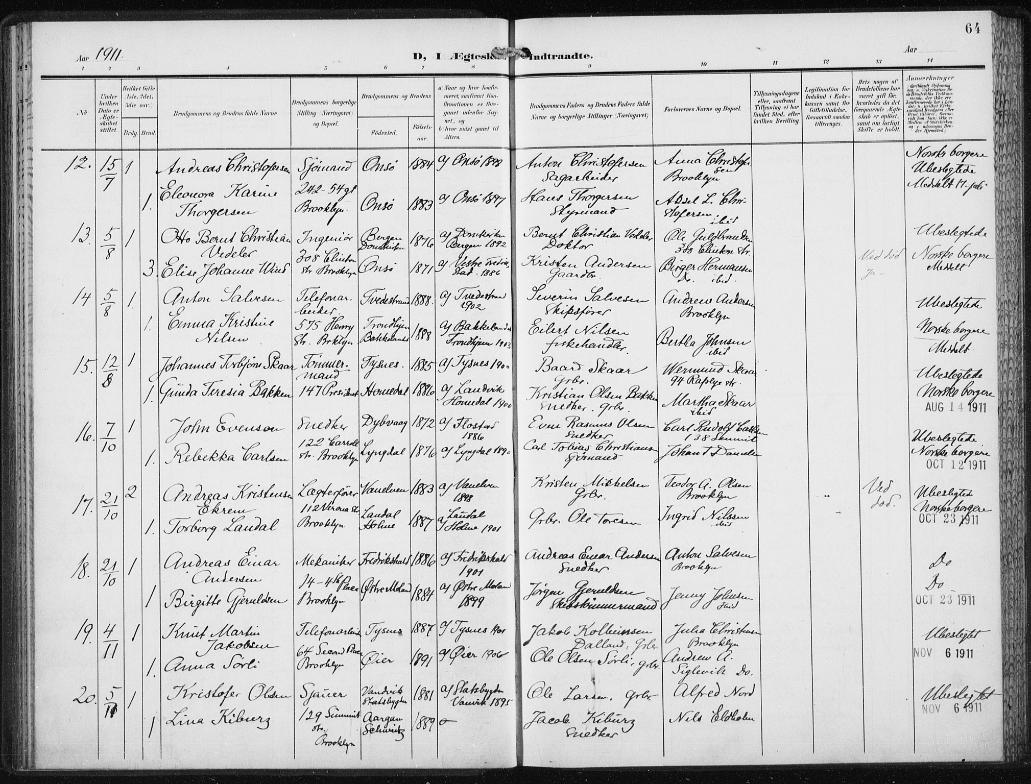 Den norske sjømannsmisjon i utlandet/New York, AV/SAB-SAB/PA-0110/H/Ha/L0006: Parish register (official) no. A 6, 1909-1914, p. 64