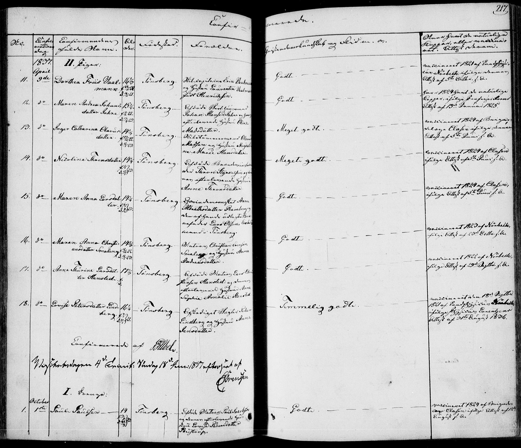 Tønsberg kirkebøker, AV/SAKO-A-330/F/Fa/L0006: Parish register (official) no. I 6, 1836-1844, p. 217