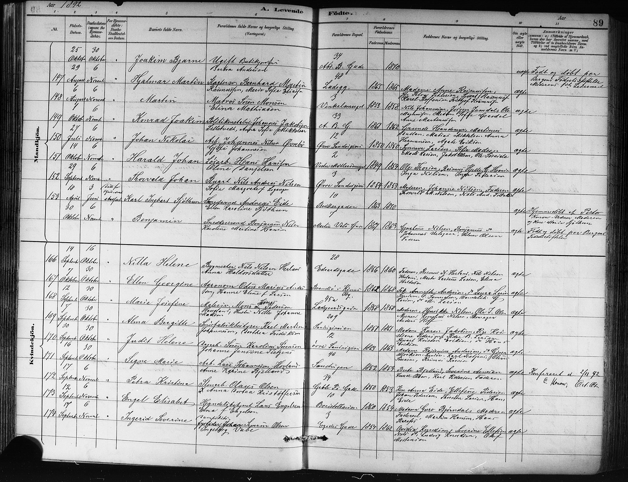 Sandviken Sokneprestembete, AV/SAB-A-77601/H/Hb/L0002: Parish register (copy) no. A 3, 1888-1902, p. 89