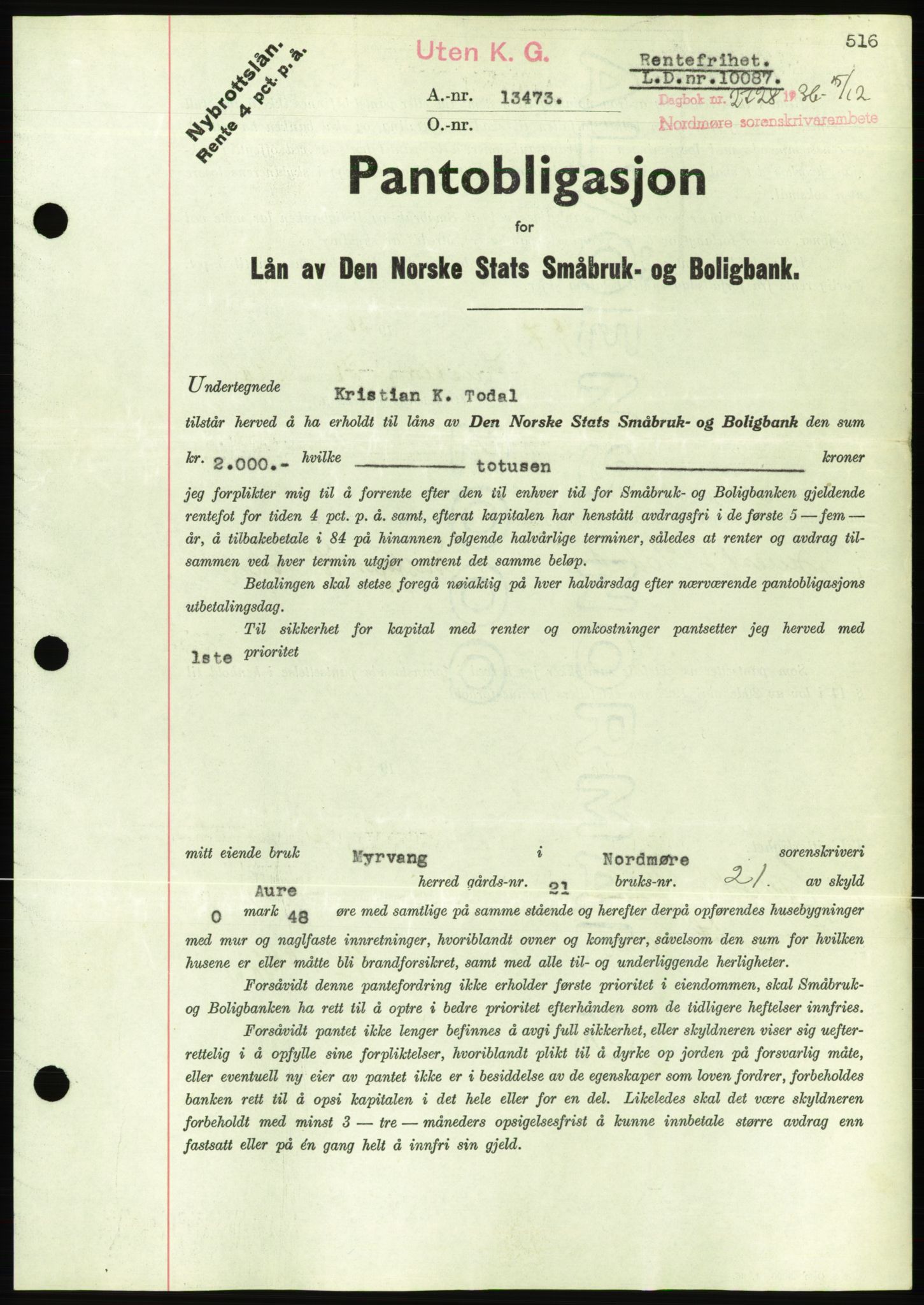 Nordmøre sorenskriveri, AV/SAT-A-4132/1/2/2Ca/L0090: Mortgage book no. B80, 1936-1937, Diary no: : 2728/1936