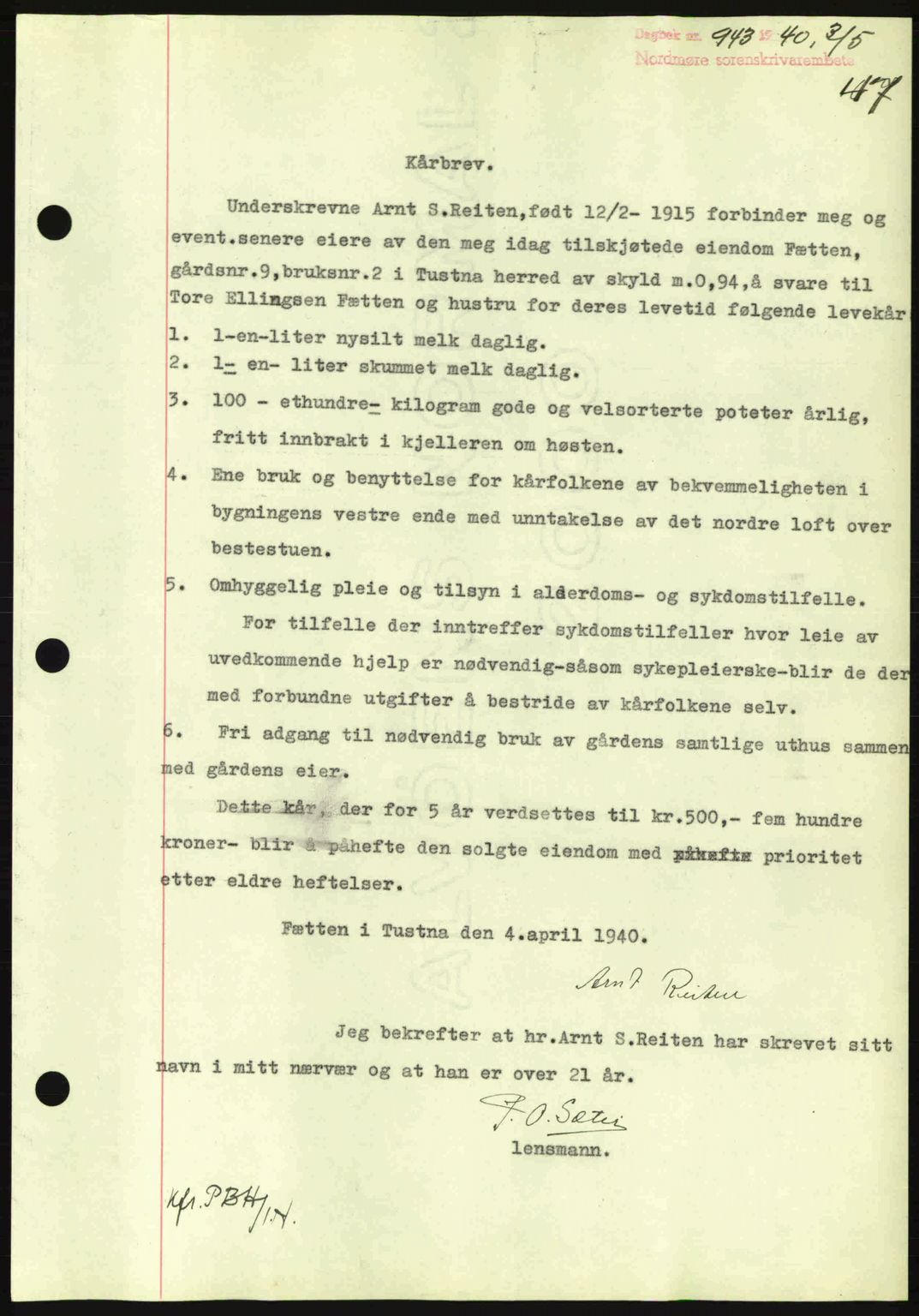 Nordmøre sorenskriveri, AV/SAT-A-4132/1/2/2Ca: Mortgage book no. B87, 1940-1941, Diary no: : 943/1940