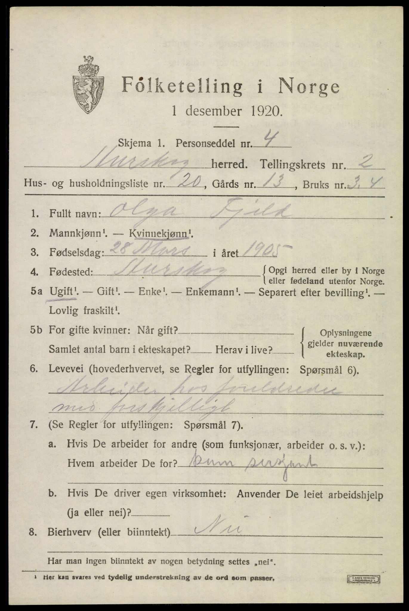 SAO, 1920 census for Aurskog, 1920, p. 1906