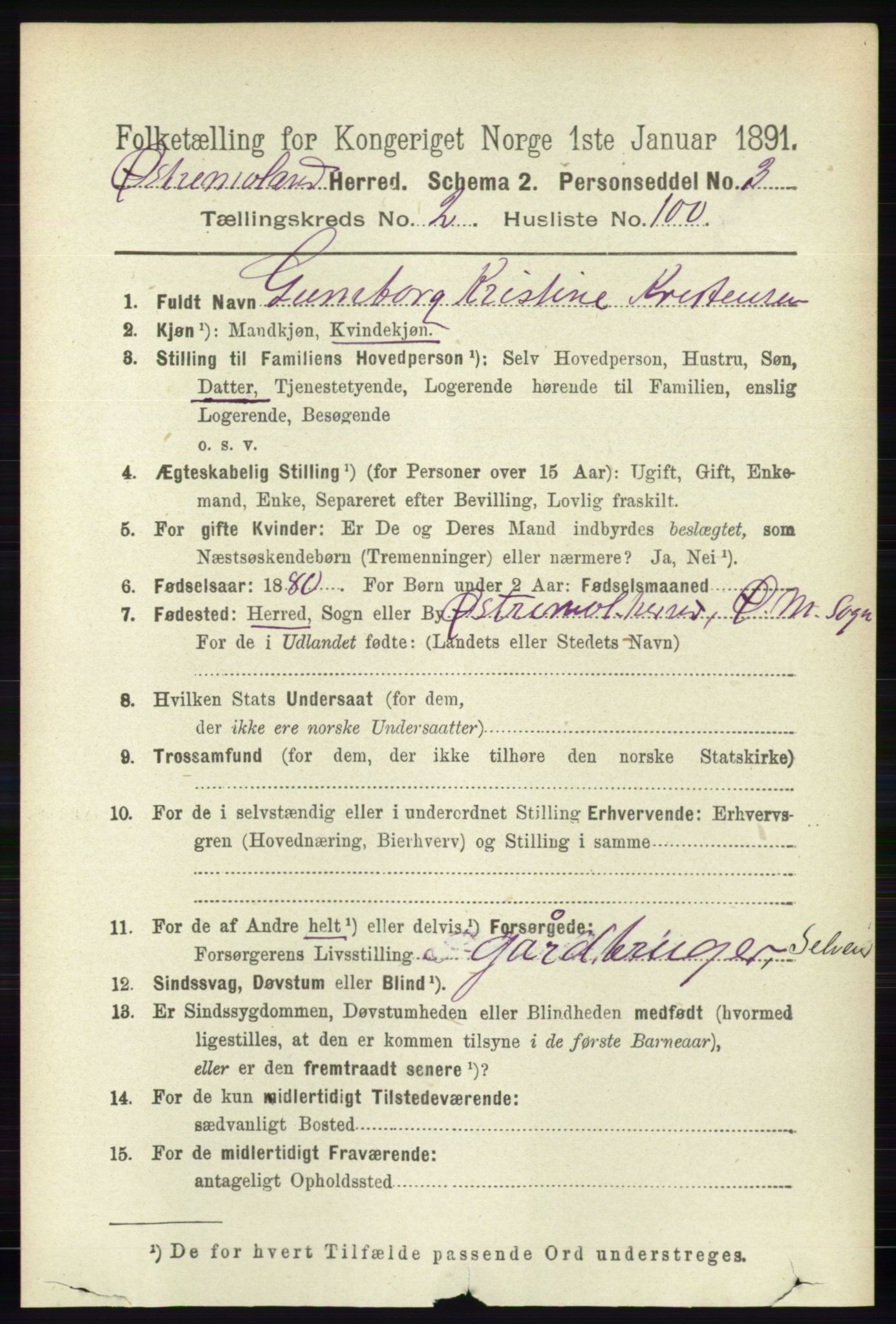 RA, 1891 census for 0918 Austre Moland, 1891, p. 1272