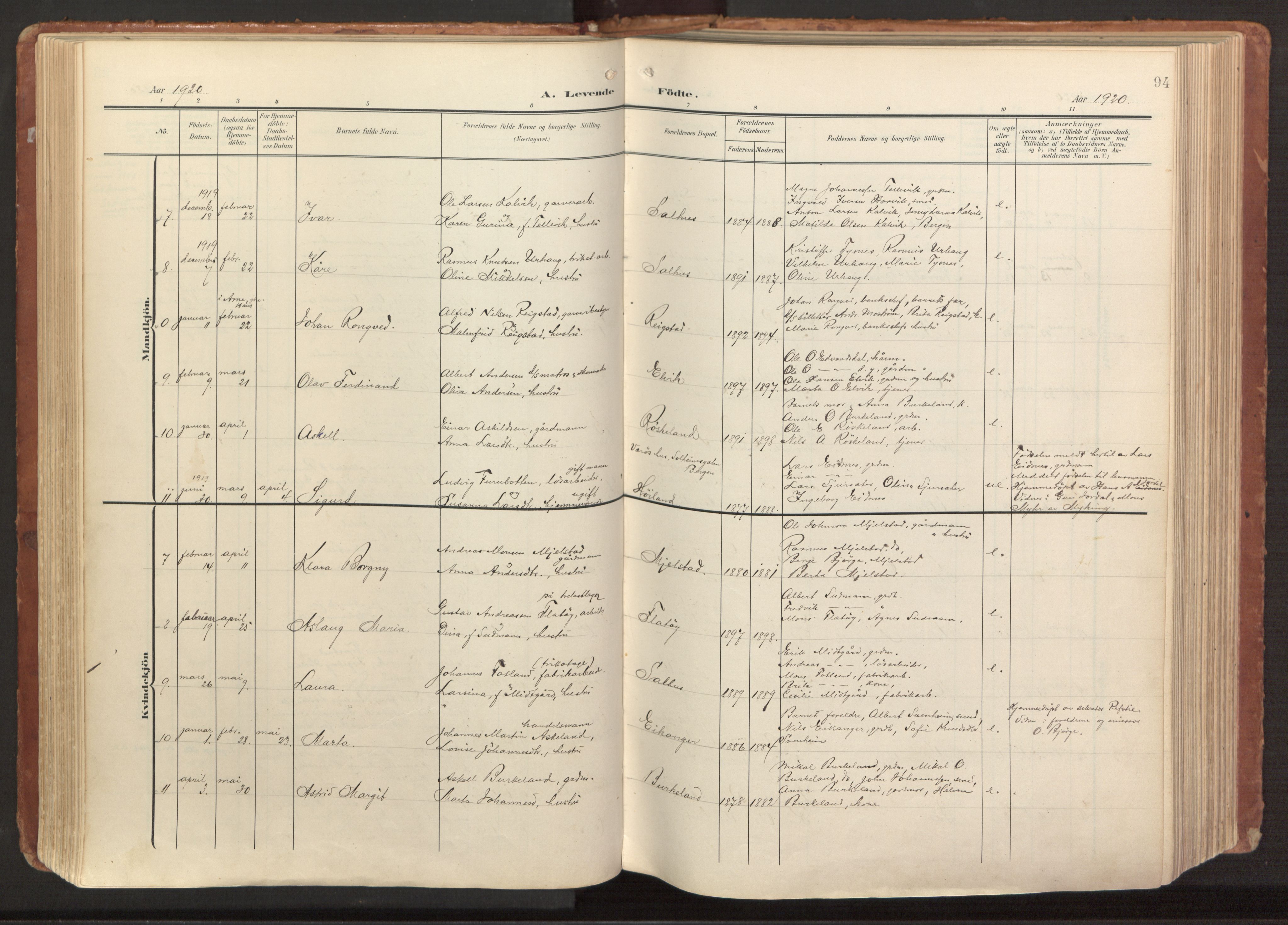 Hamre sokneprestembete, AV/SAB-A-75501/H/Ha/Haa/Haab/L0002: Parish register (official) no. B 2, 1905-1924, p. 94