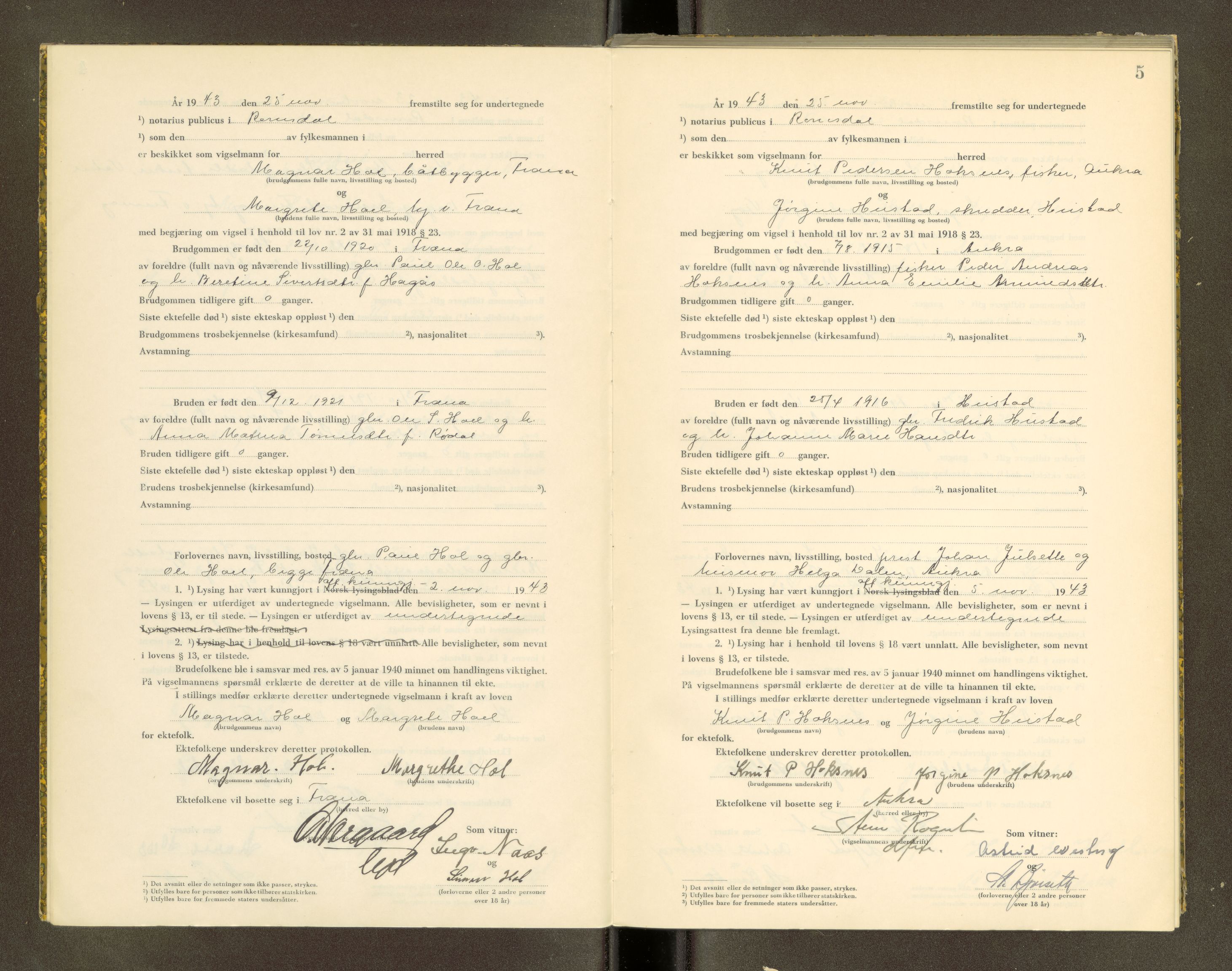 Romsdal sorenskriveri, AV/SAT-A-4149/1/6/6D/L0007: Vigselbok, 1943-1944, p. 5
