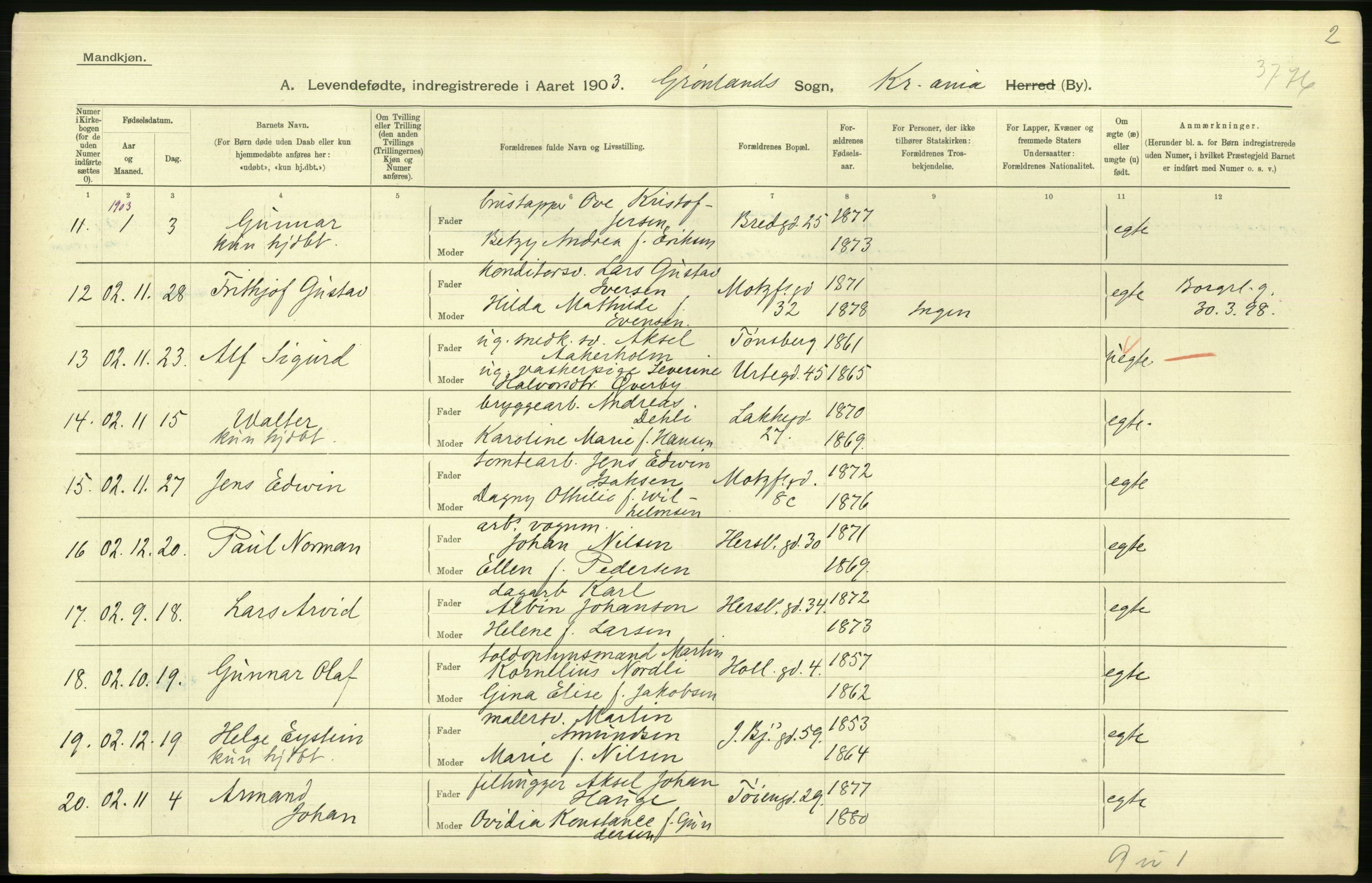 Statistisk sentralbyrå, Sosiodemografiske emner, Befolkning, AV/RA-S-2228/D/Df/Dfa/Dfaa/L0003: Kristiania: Fødte, 1903, p. 630