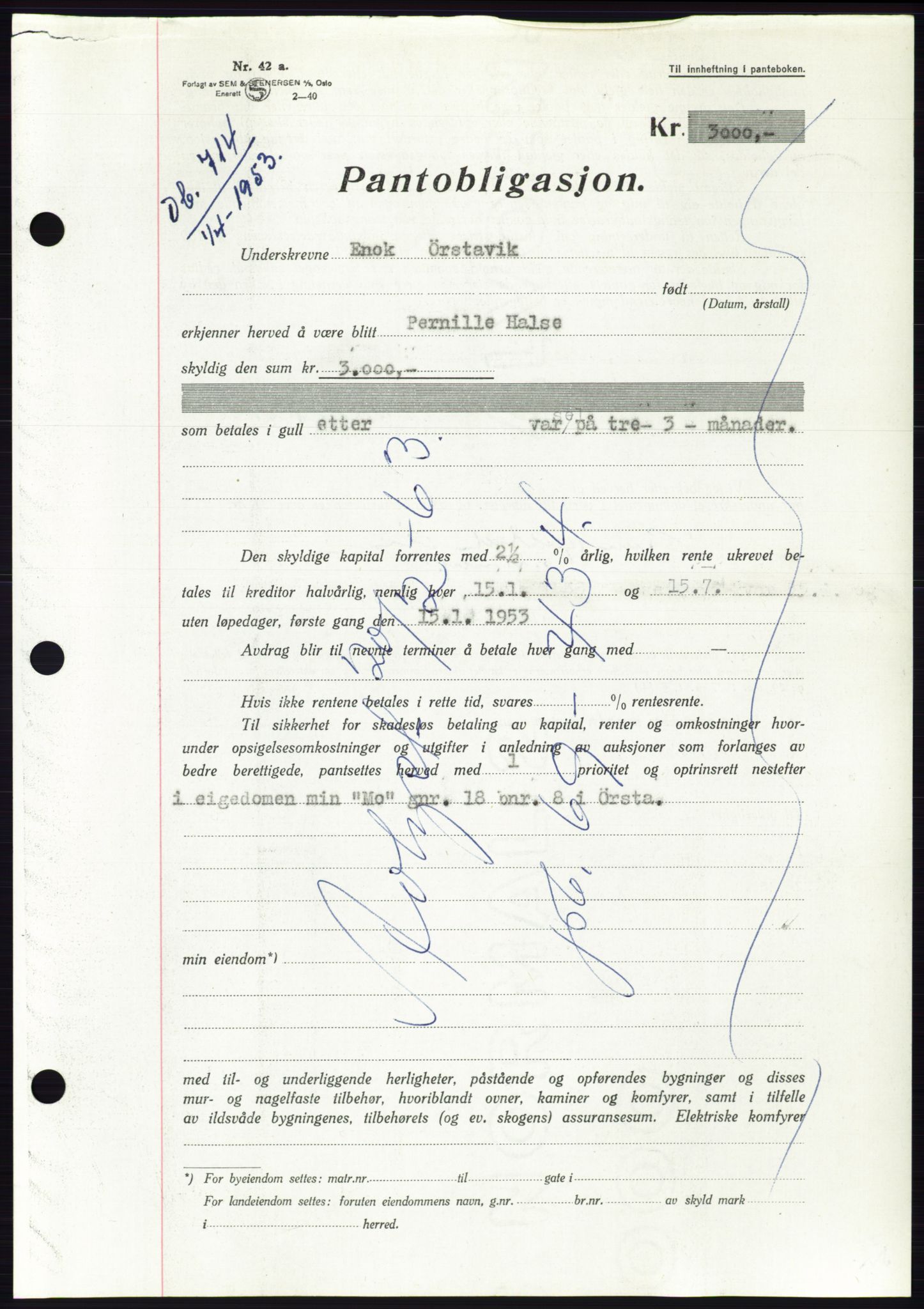 Søre Sunnmøre sorenskriveri, AV/SAT-A-4122/1/2/2C/L0123: Mortgage book no. 11B, 1953-1953, Diary no: : 714/1953