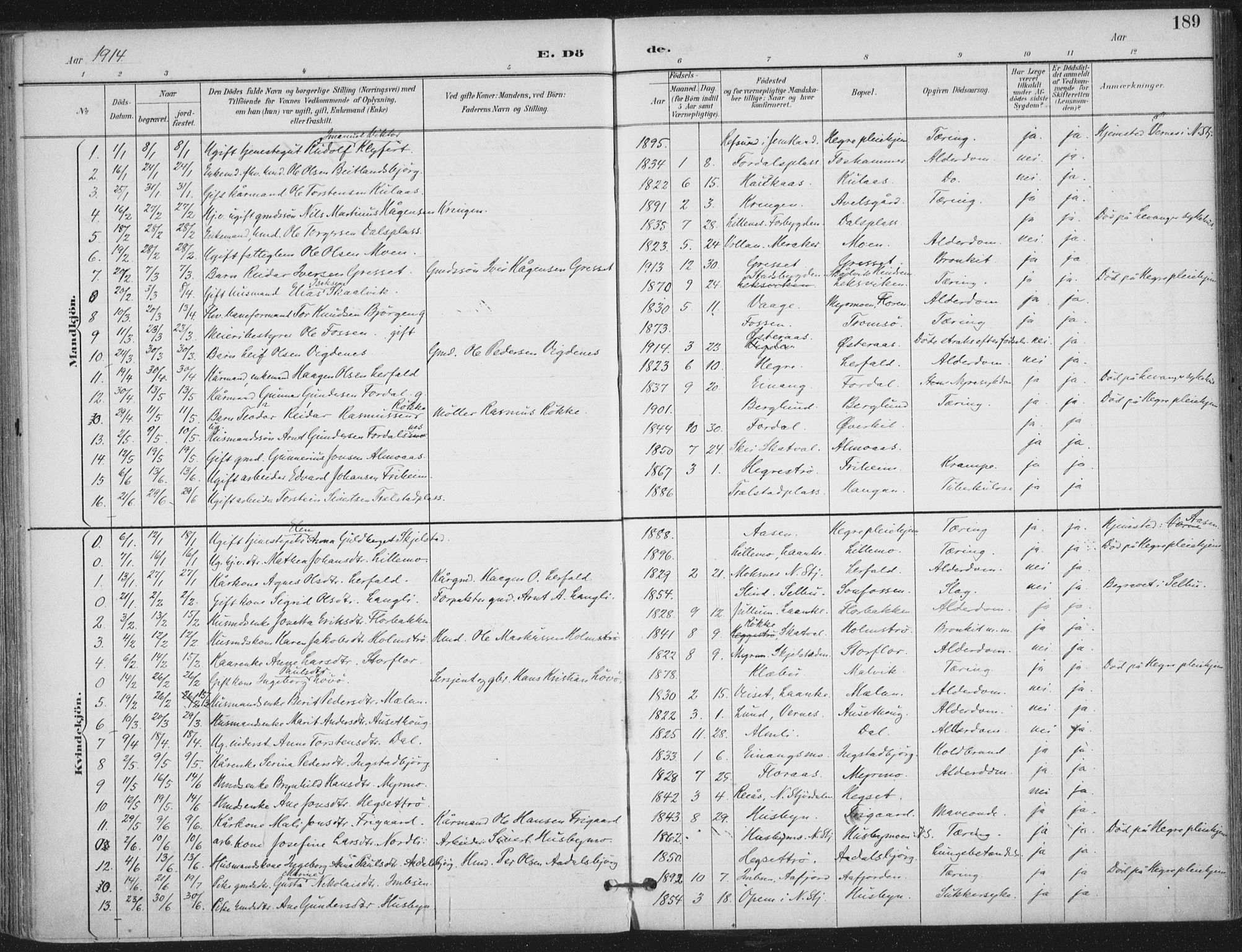 Ministerialprotokoller, klokkerbøker og fødselsregistre - Nord-Trøndelag, SAT/A-1458/703/L0031: Parish register (official) no. 703A04, 1893-1914, p. 189
