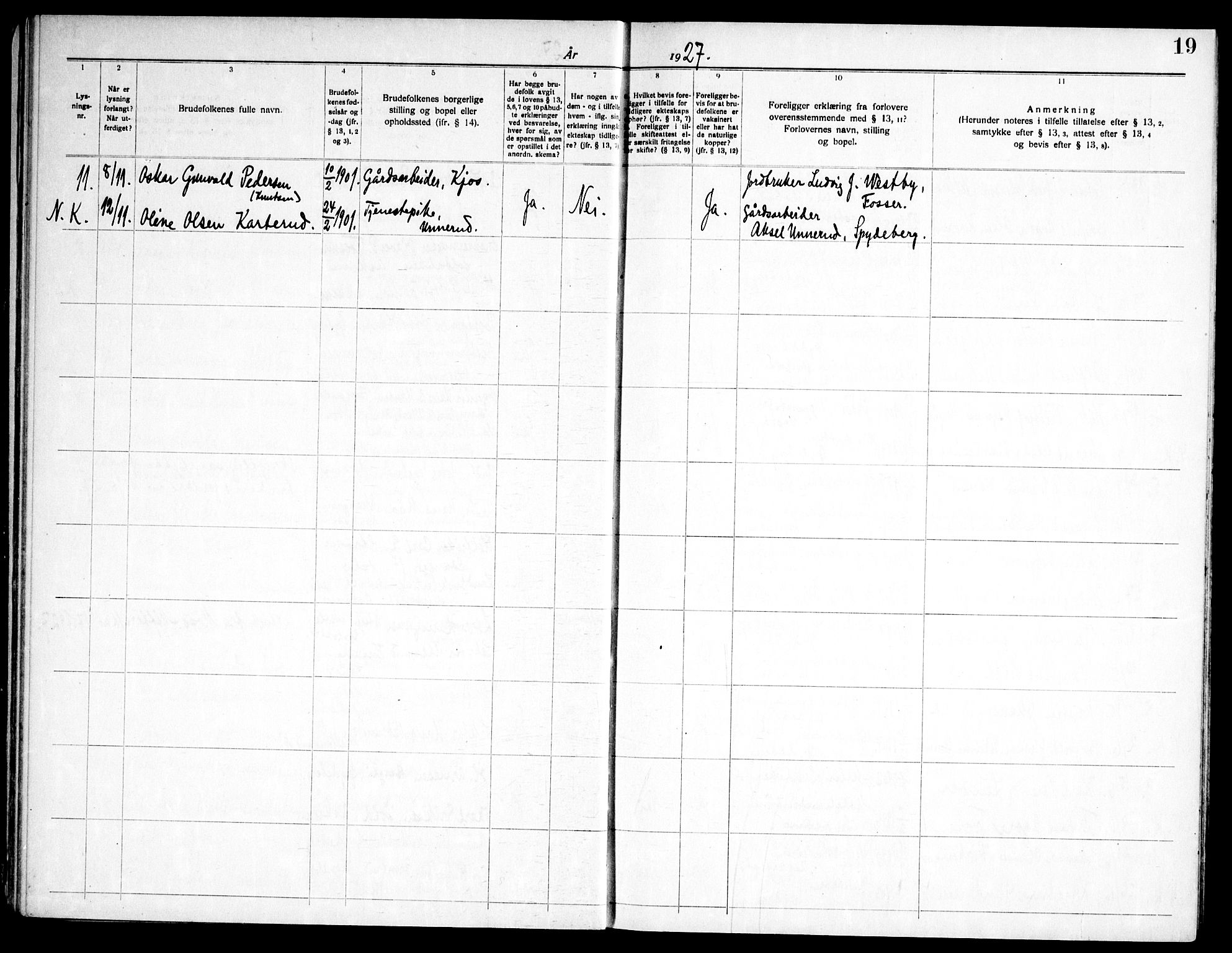 Spydeberg prestekontor Kirkebøker, SAO/A-10924/H/Ha/L0001: Banns register no. 1, 1919-1966, p. 19