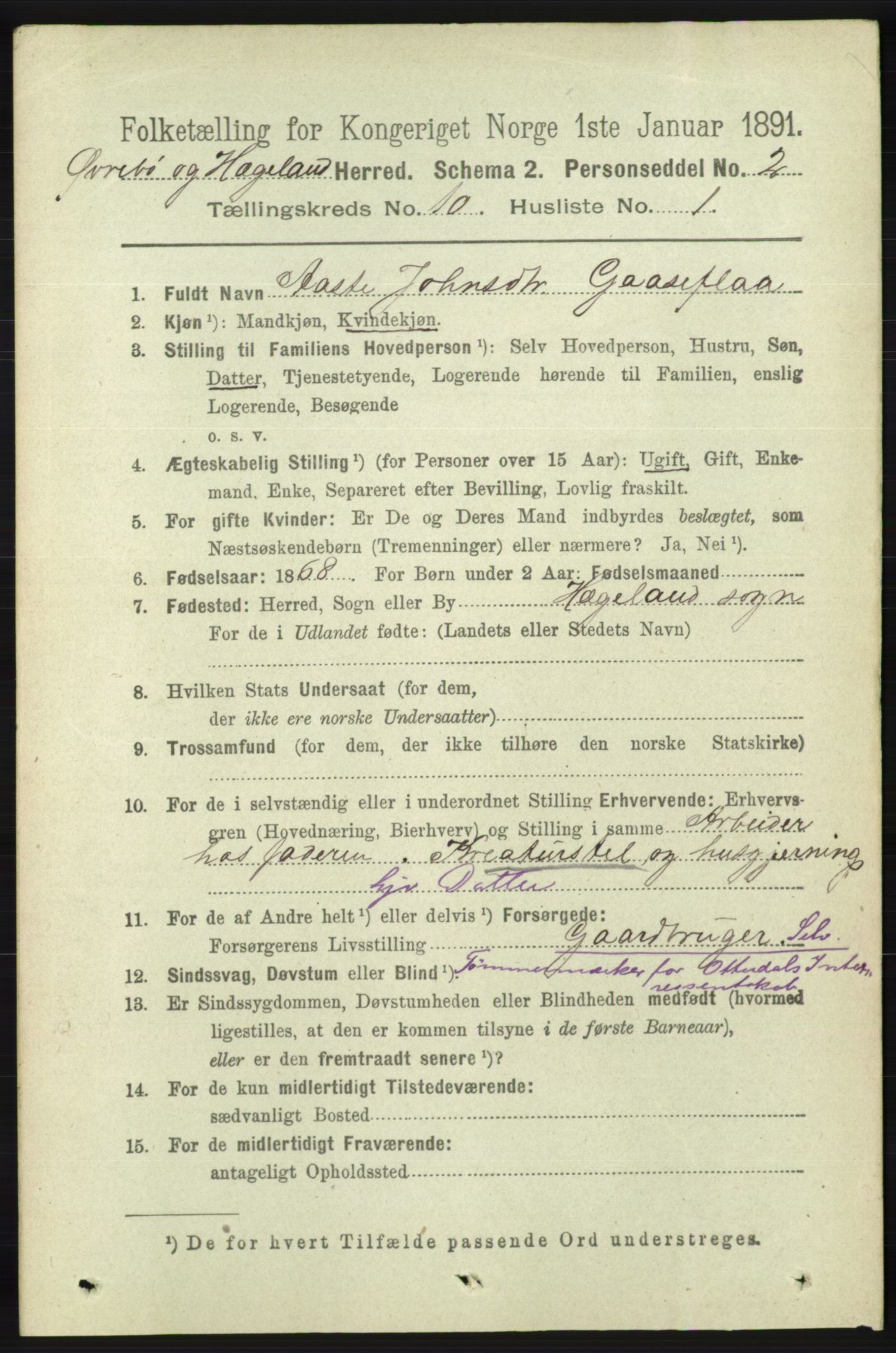 RA, 1891 census for 1016 Øvrebø og Hægeland, 1891, p. 2032