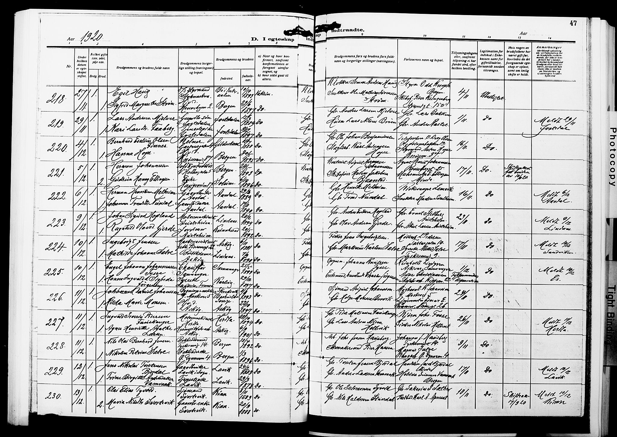 Nykirken Sokneprestembete, AV/SAB-A-77101/H/Hab: Parish register (copy) no. D 5, 1918-1926, p. 47