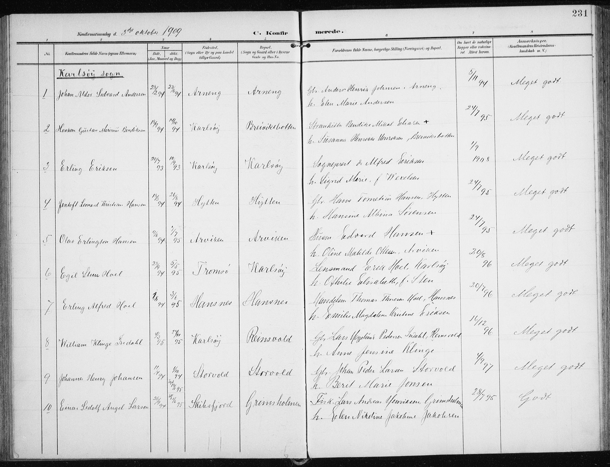 Karlsøy sokneprestembete, AV/SATØ-S-1299/H/Ha/Haa/L0014kirke: Parish register (official) no. 14, 1903-1917, p. 231