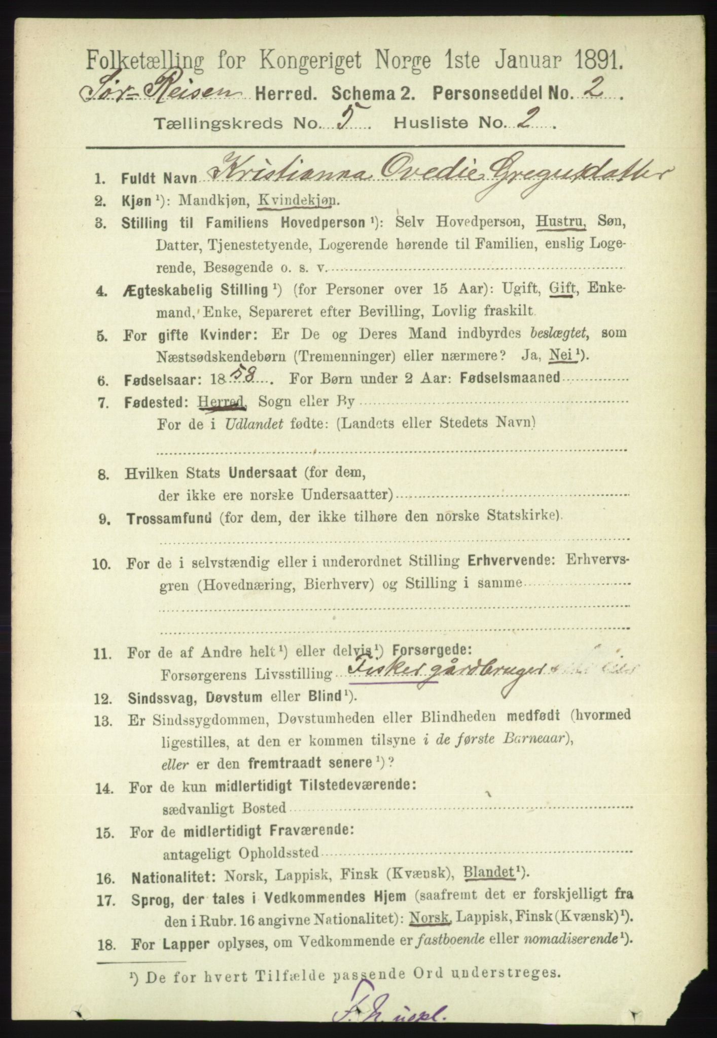 RA, 1891 census for 1925 Sørreisa, 1891, p. 1582