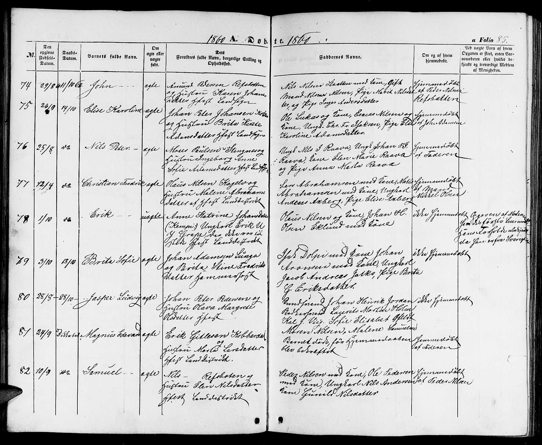 Hammerfest sokneprestkontor, AV/SATØ-S-1347/H/Hb/L0002.klokk: Parish register (copy) no. 2, 1851-1861, p. 85