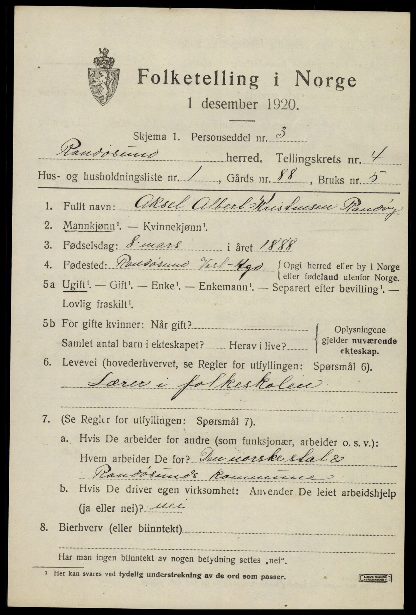 SAK, 1920 census for Randesund, 1920, p. 1784