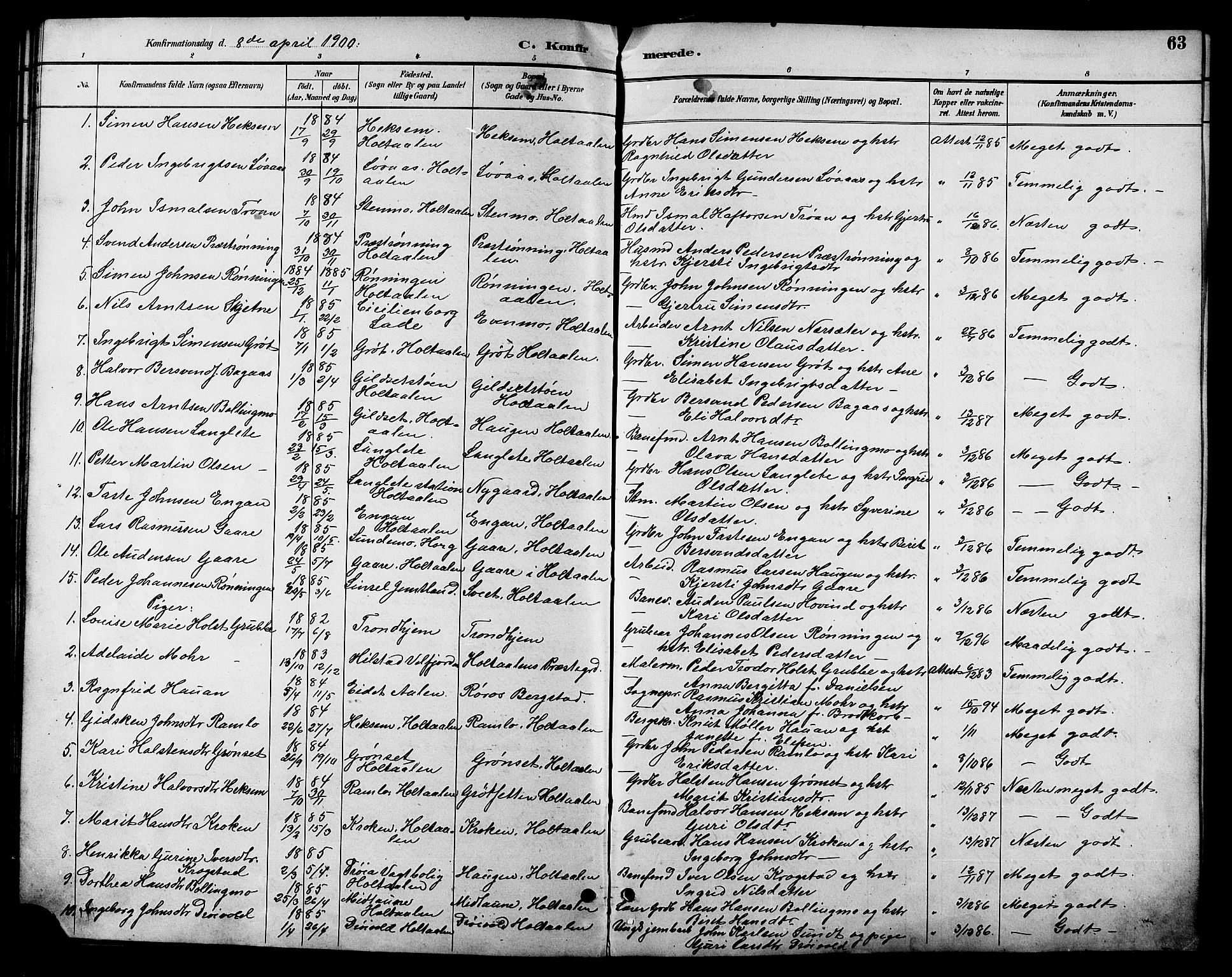 Ministerialprotokoller, klokkerbøker og fødselsregistre - Sør-Trøndelag, SAT/A-1456/685/L0978: Parish register (copy) no. 685C03, 1891-1907, p. 63