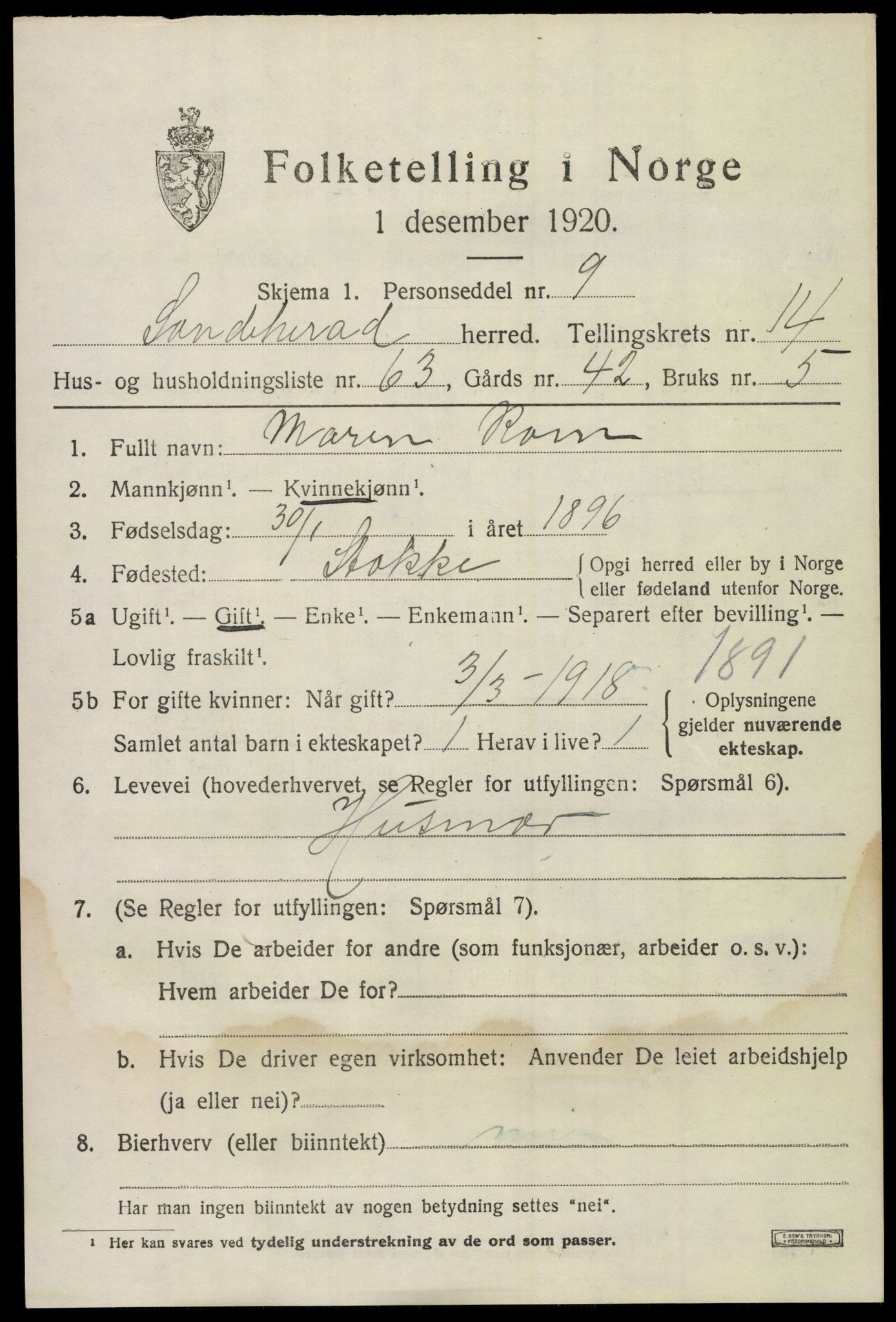 SAKO, 1920 census for Sandeherred, 1920, p. 21132