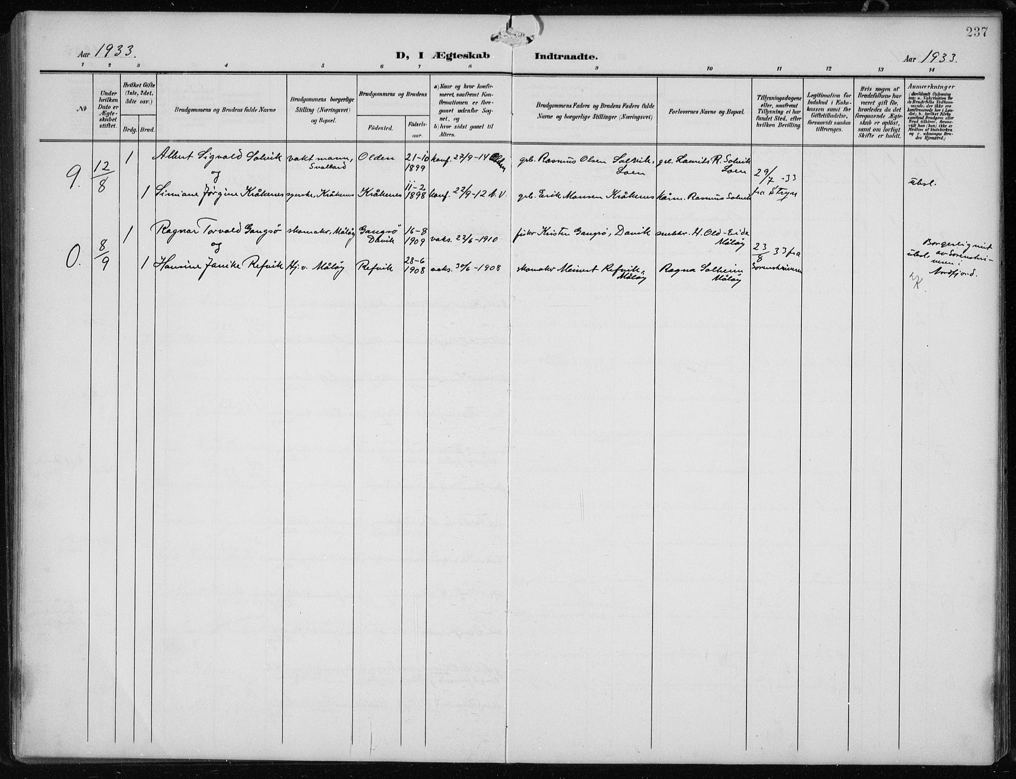 Vågsøy sokneprestembete, AV/SAB-A-81601/H/Hab: Parish register (copy) no. B 1, 1906-1934, p. 237