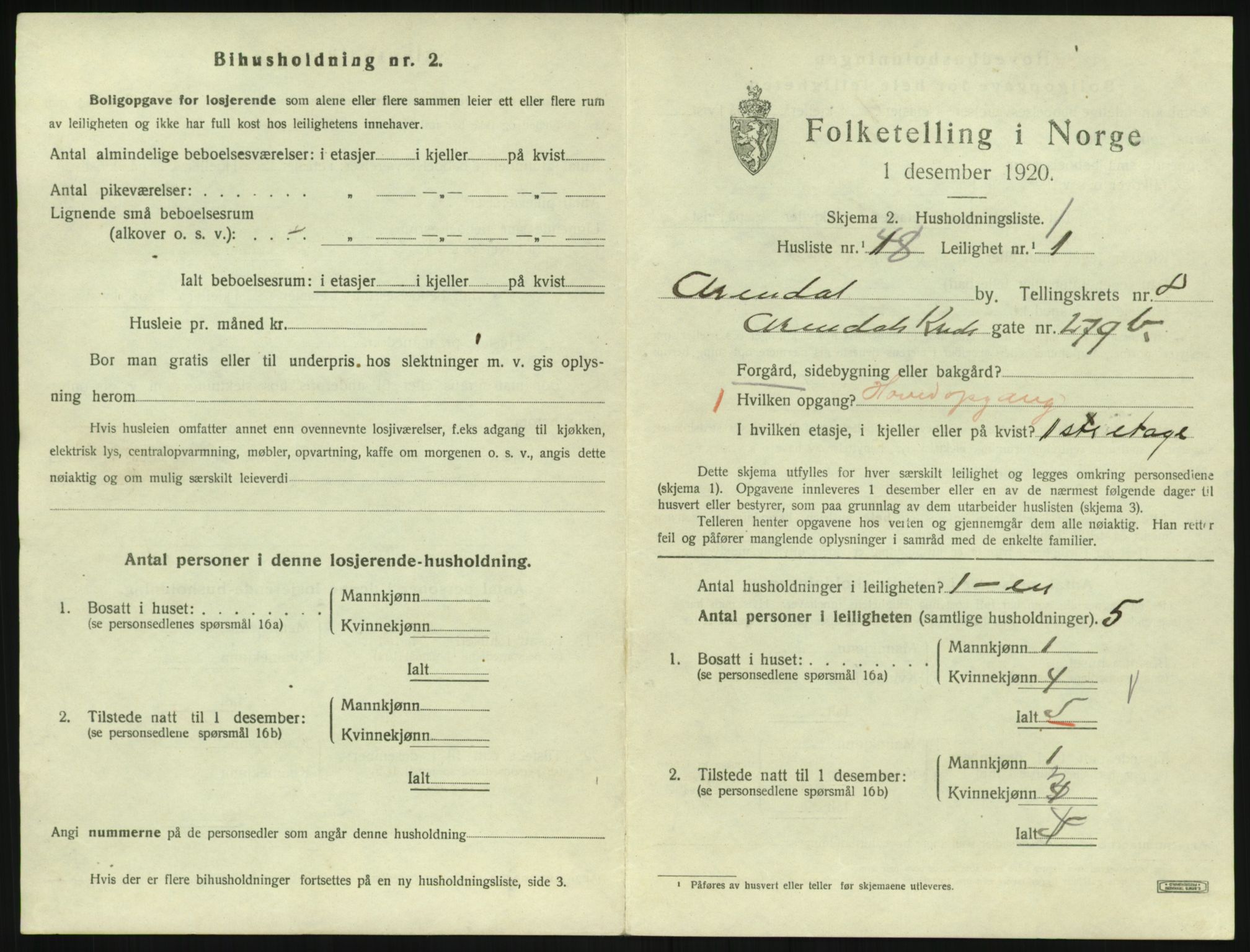 SAK, 1920 census for Arendal, 1920, p. 5800