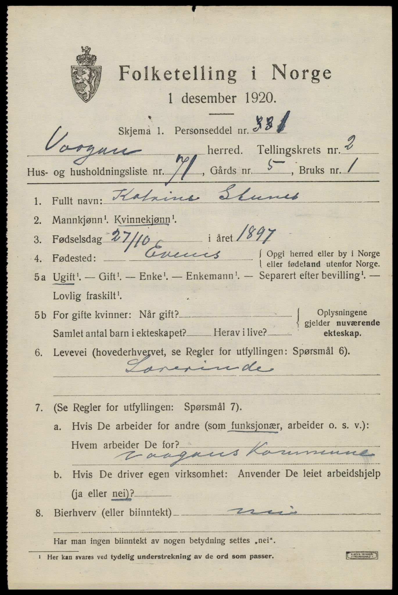 SAT, 1920 census for Vågan, 1920, p. 2565