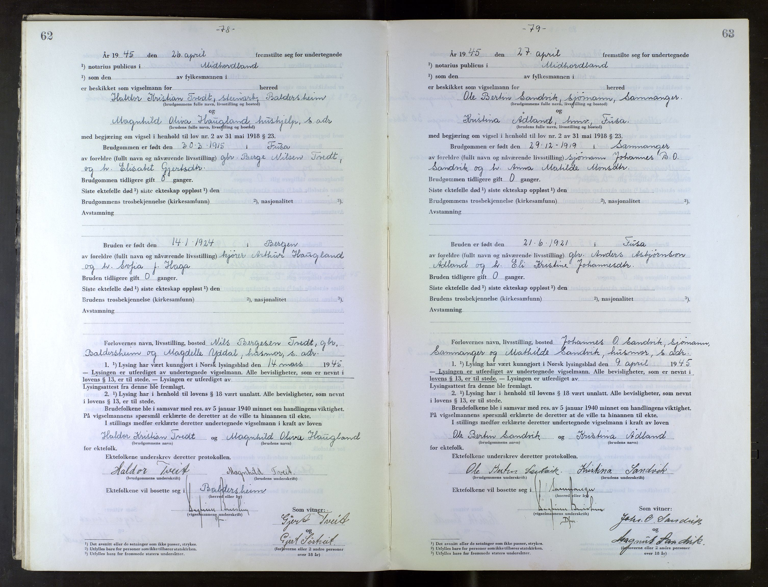 Midhordland sorenskriveri, AV/SAB-A-3001/1/M/Mc/Mca/L0007: Notarialbilag. Vigselbøker, 1945-1948, p. 62-63
