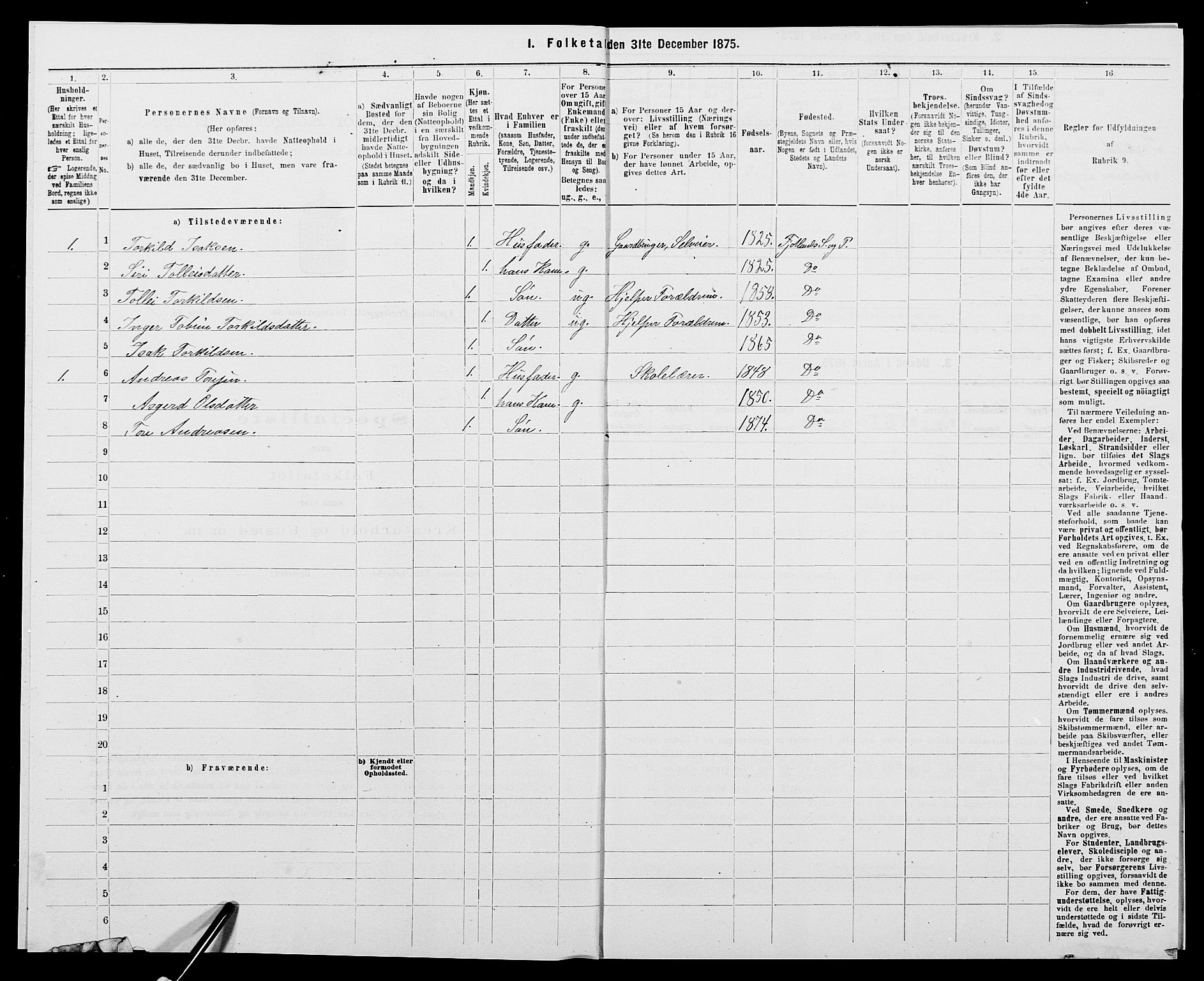 SAK, 1875 census for 1036P Fjotland, 1875, p. 162