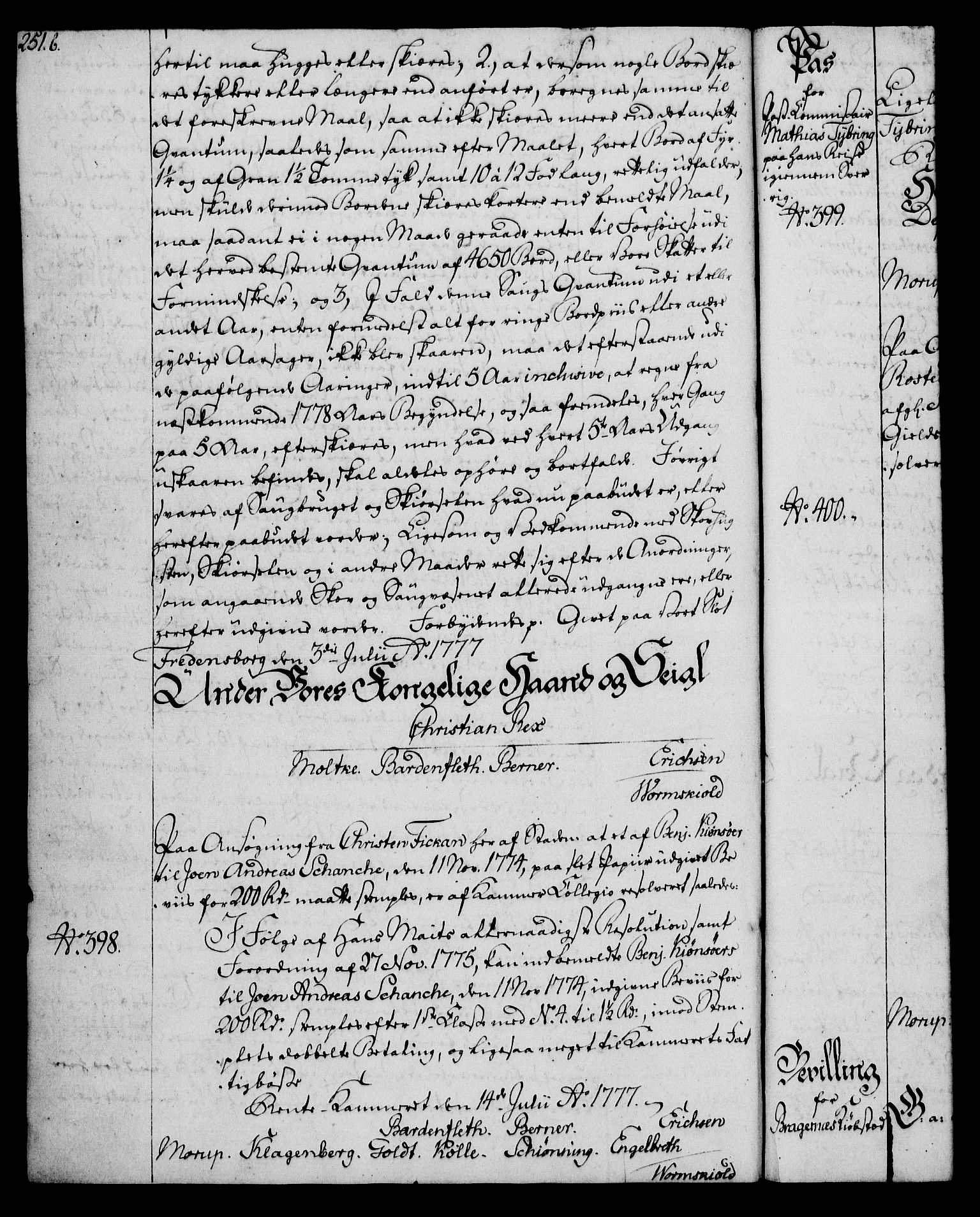 Rentekammeret, Kammerkanselliet, RA/EA-3111/G/Gg/Gga/L0010: Norsk ekspedisjonsprotokoll med register (merket RK 53.10), 1773-1778, p. 251