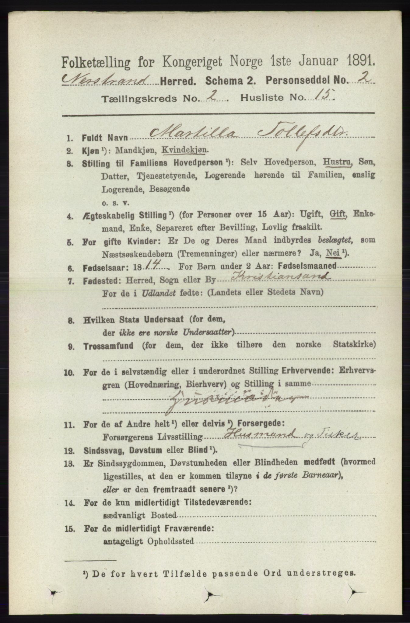 RA, 1891 census for 1139 Nedstrand, 1891, p. 320