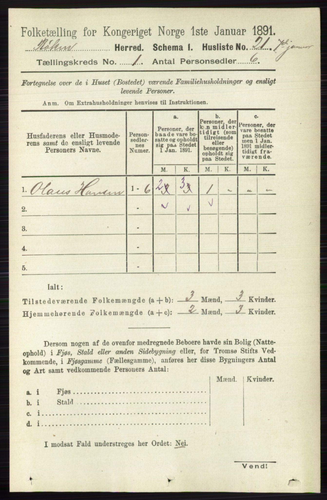 RA, 1891 census for 0627 Røyken, 1891, p. 43