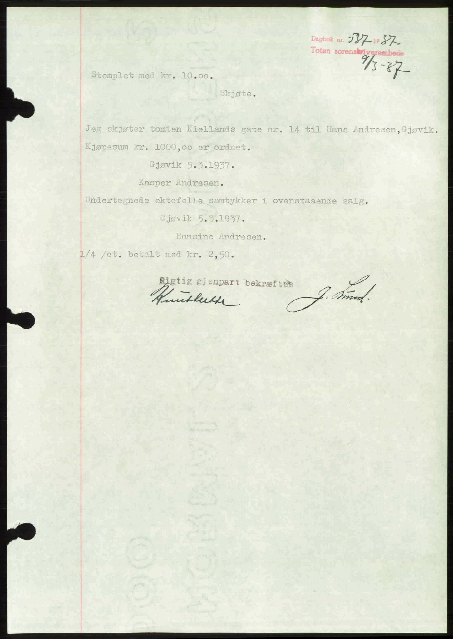 Toten tingrett, AV/SAH-TING-006/H/Hb/Hbc/L0002: Mortgage book no. Hbc-02, 1936-1937, Diary no: : 587/1937