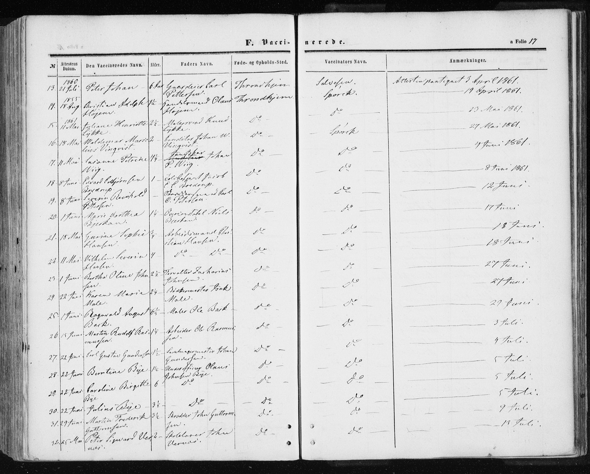 Ministerialprotokoller, klokkerbøker og fødselsregistre - Sør-Trøndelag, SAT/A-1456/601/L0053: Parish register (official) no. 601A21, 1857-1865, p. 17