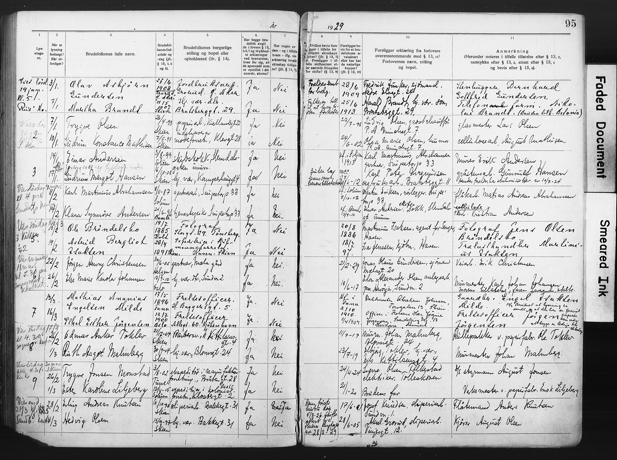 Skien kirkebøker, SAKO/A-302/H/Ha/L0001: Banns register no. 1, 1919-1929, p. 95
