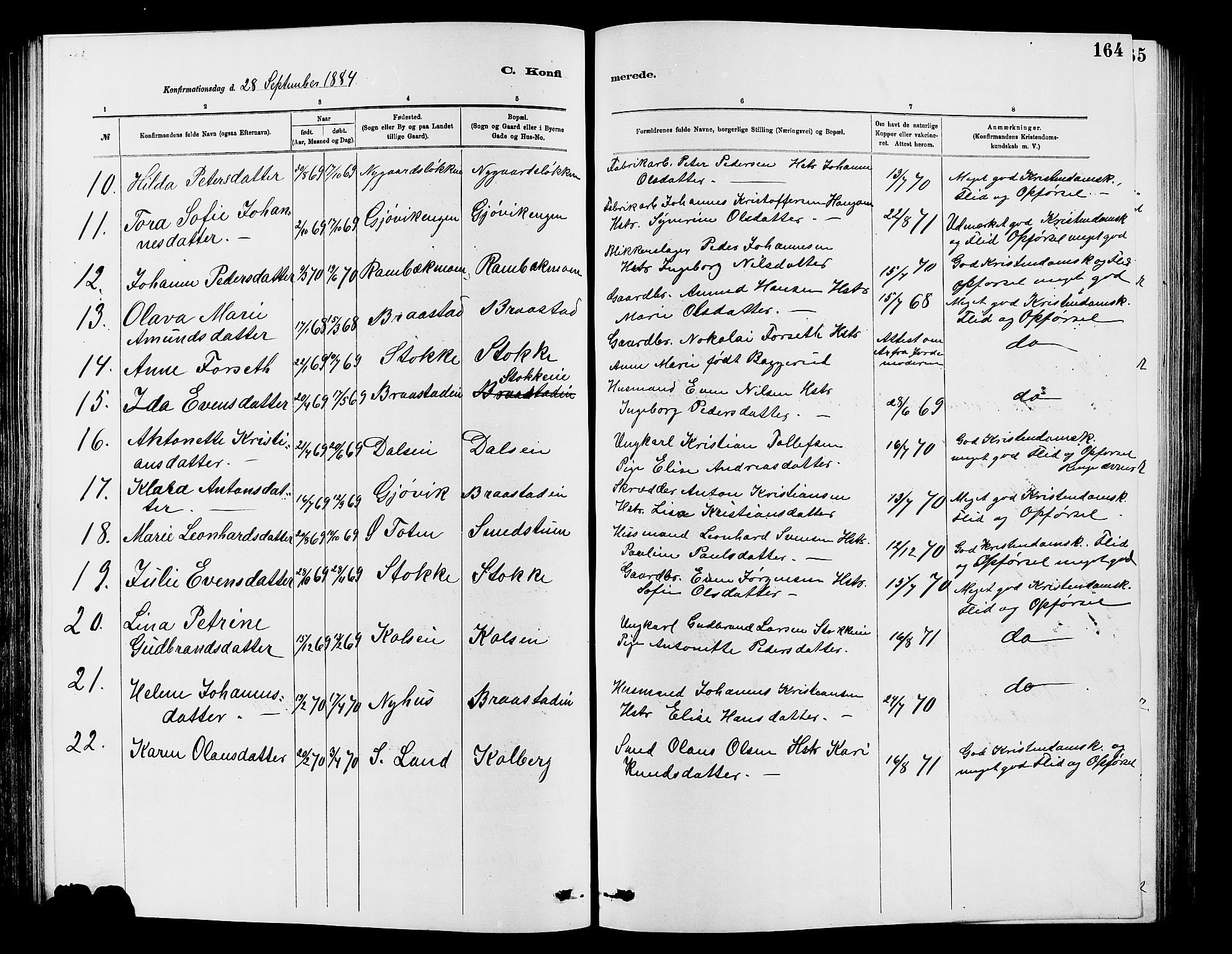 Vardal prestekontor, SAH/PREST-100/H/Ha/Hab/L0007: Parish register (copy) no. 7 /1, 1881-1895, p. 164