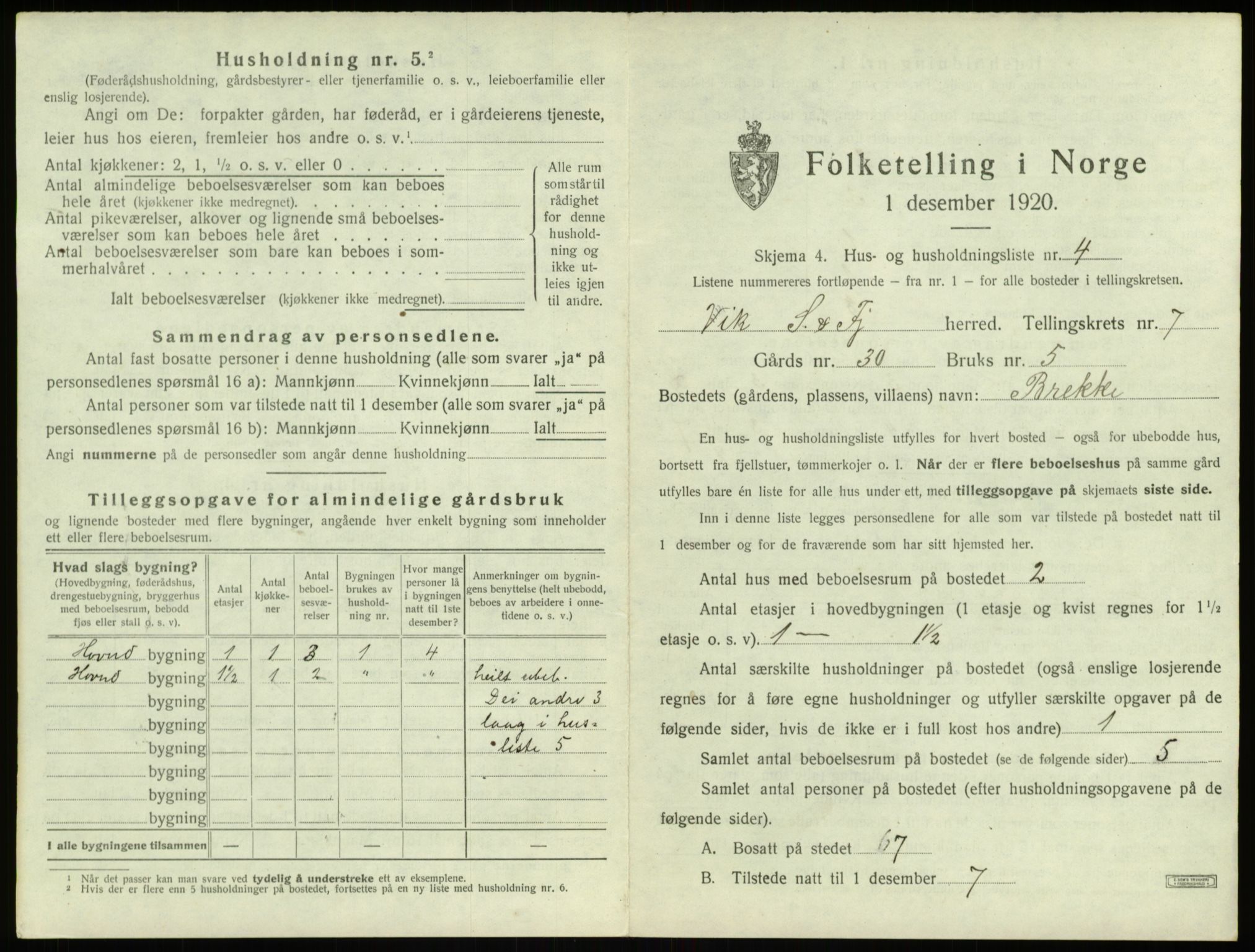 SAB, 1920 census for Vik, 1920, p. 763