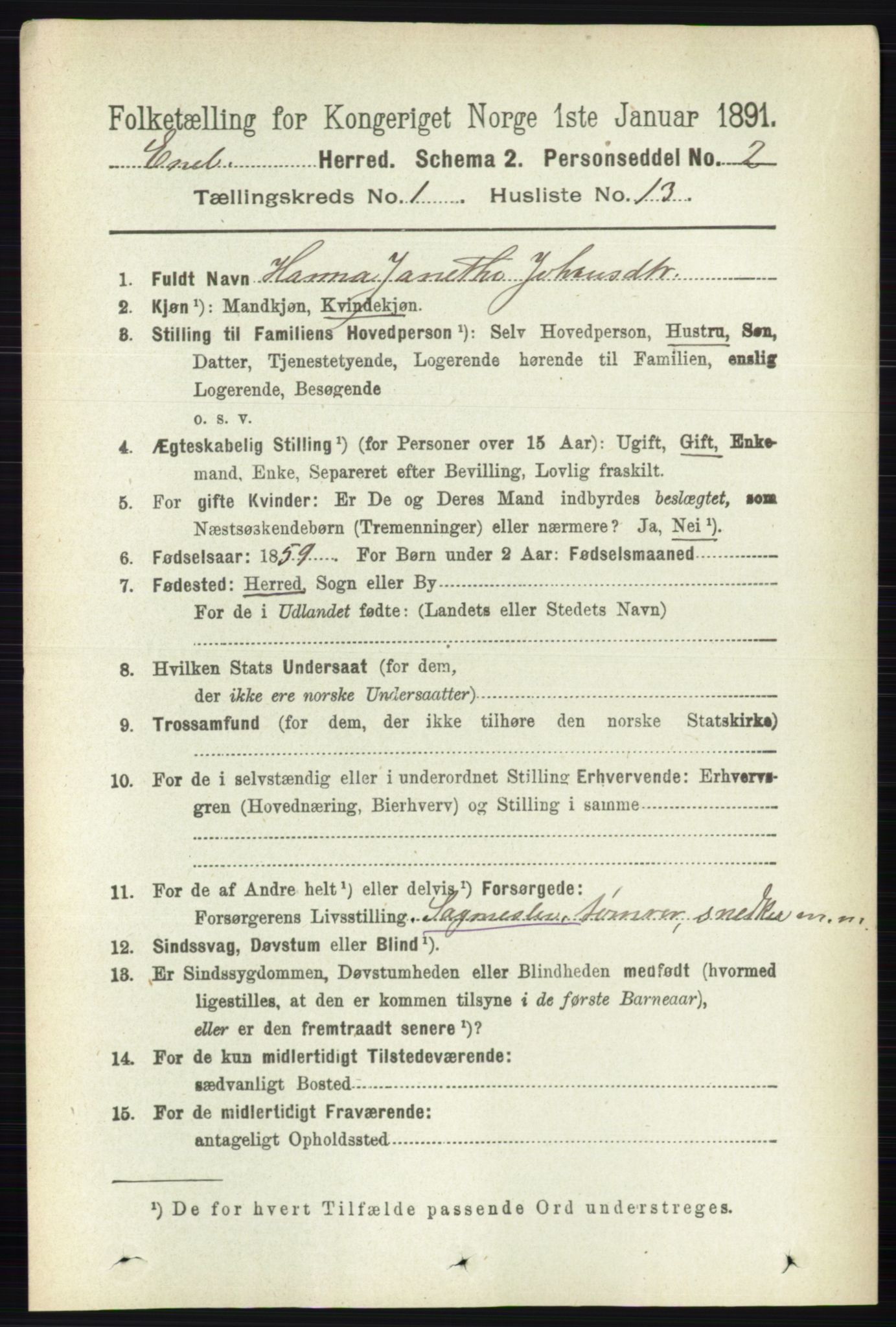 RA, 1891 census for 0229 Enebakk, 1891, p. 194