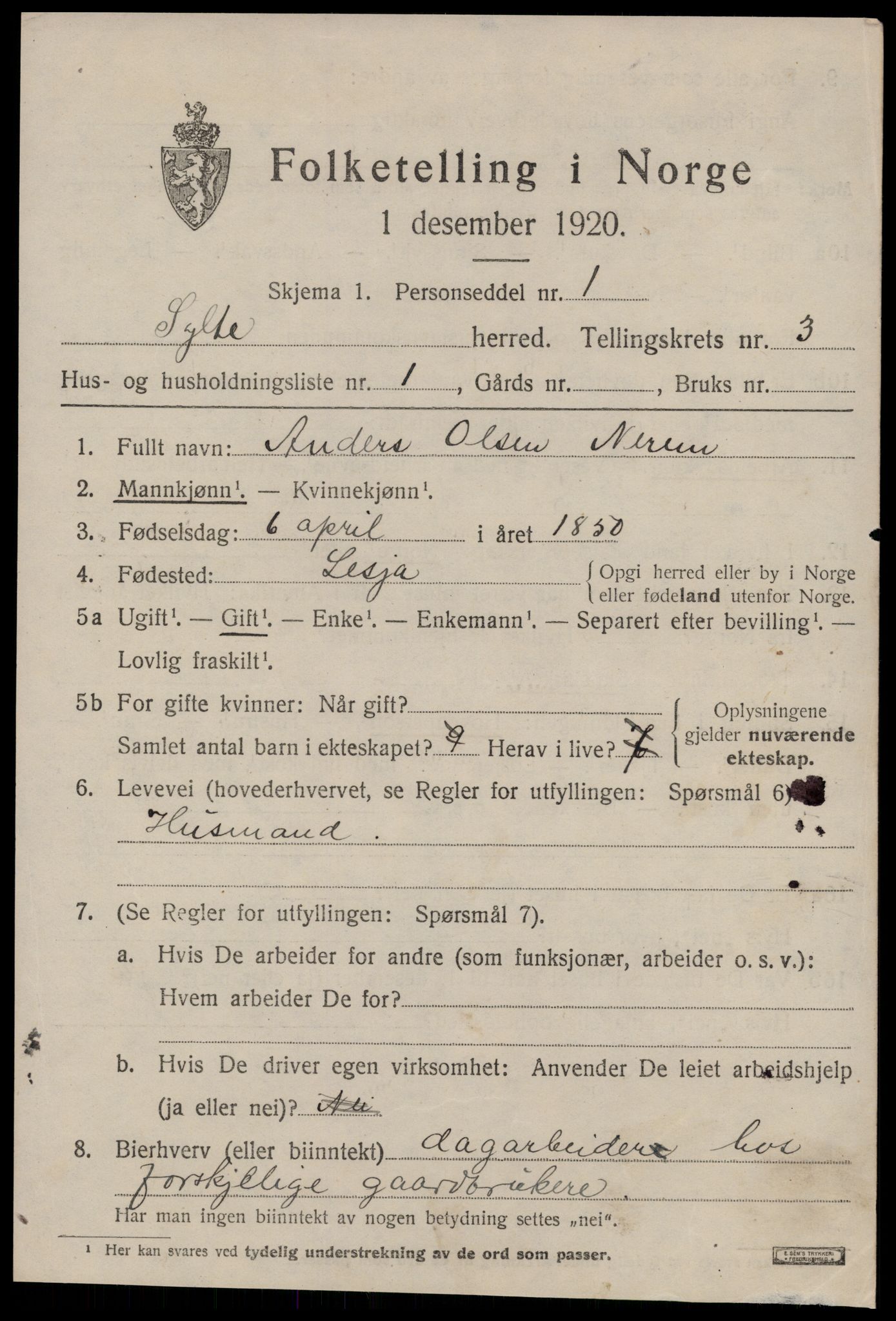 SAT, 1920 census for Sylte, 1920, p. 1781