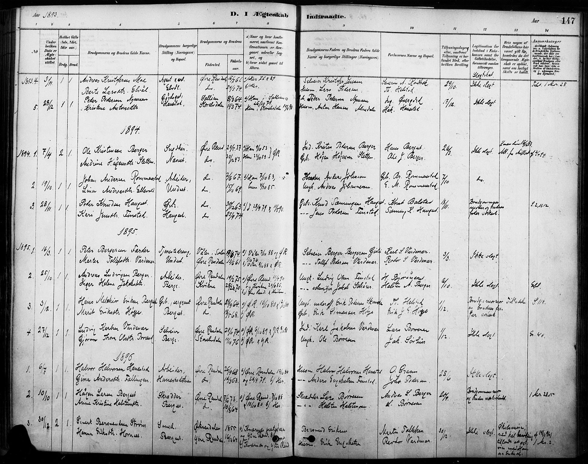 Rendalen prestekontor, SAH/PREST-054/H/Ha/Haa/L0009: Parish register (official) no. 9, 1878-1901, p. 147