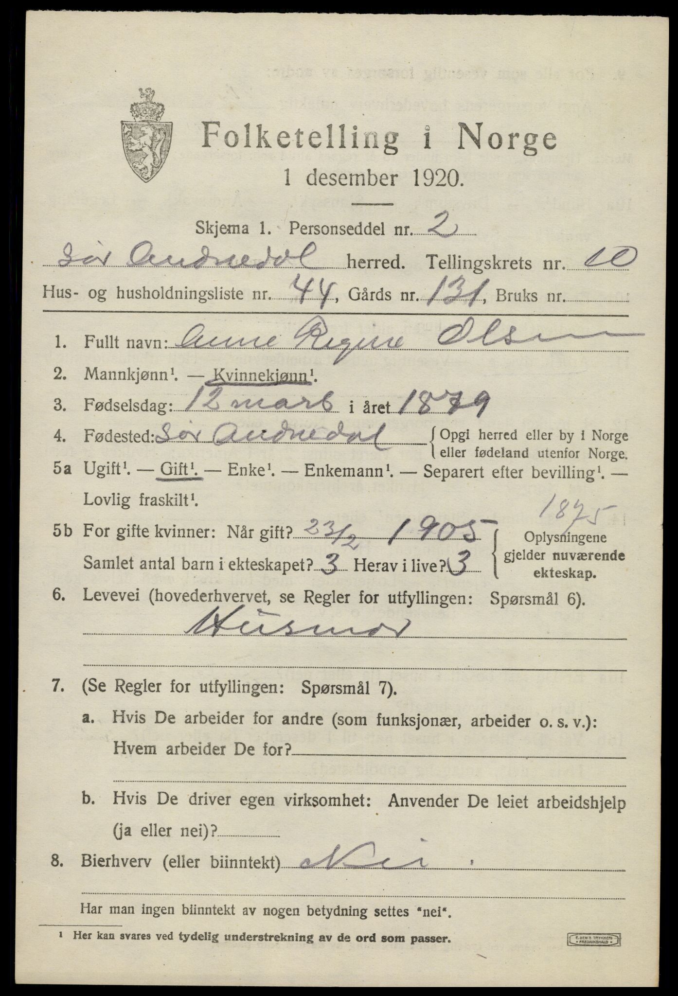 SAK, 1920 census for Sør-Audnedal, 1920, p. 4205