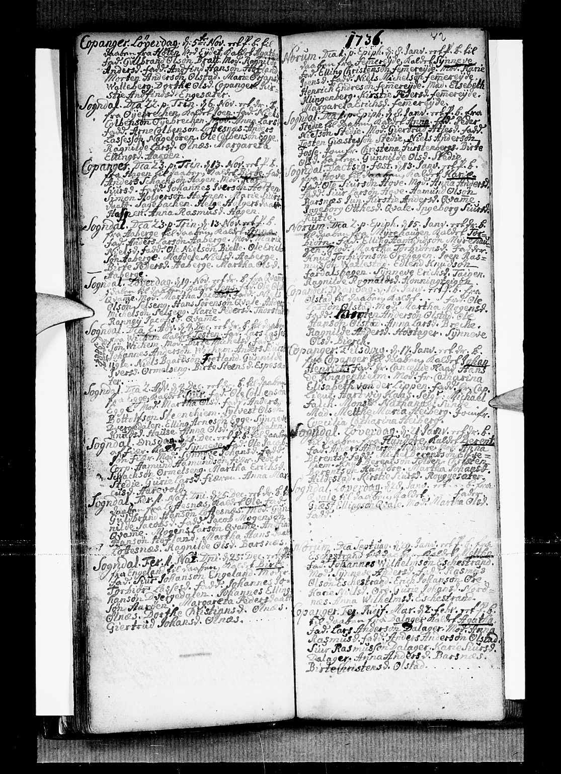 Sogndal sokneprestembete, AV/SAB-A-81301/H/Haa/Haaa/L0002: Parish register (official) no. A 2, 1725-1741, p. 42