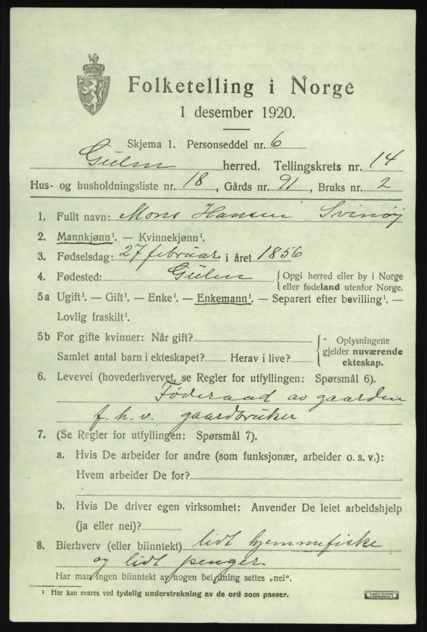 SAB, 1920 census for Gulen, 1920, p. 6421