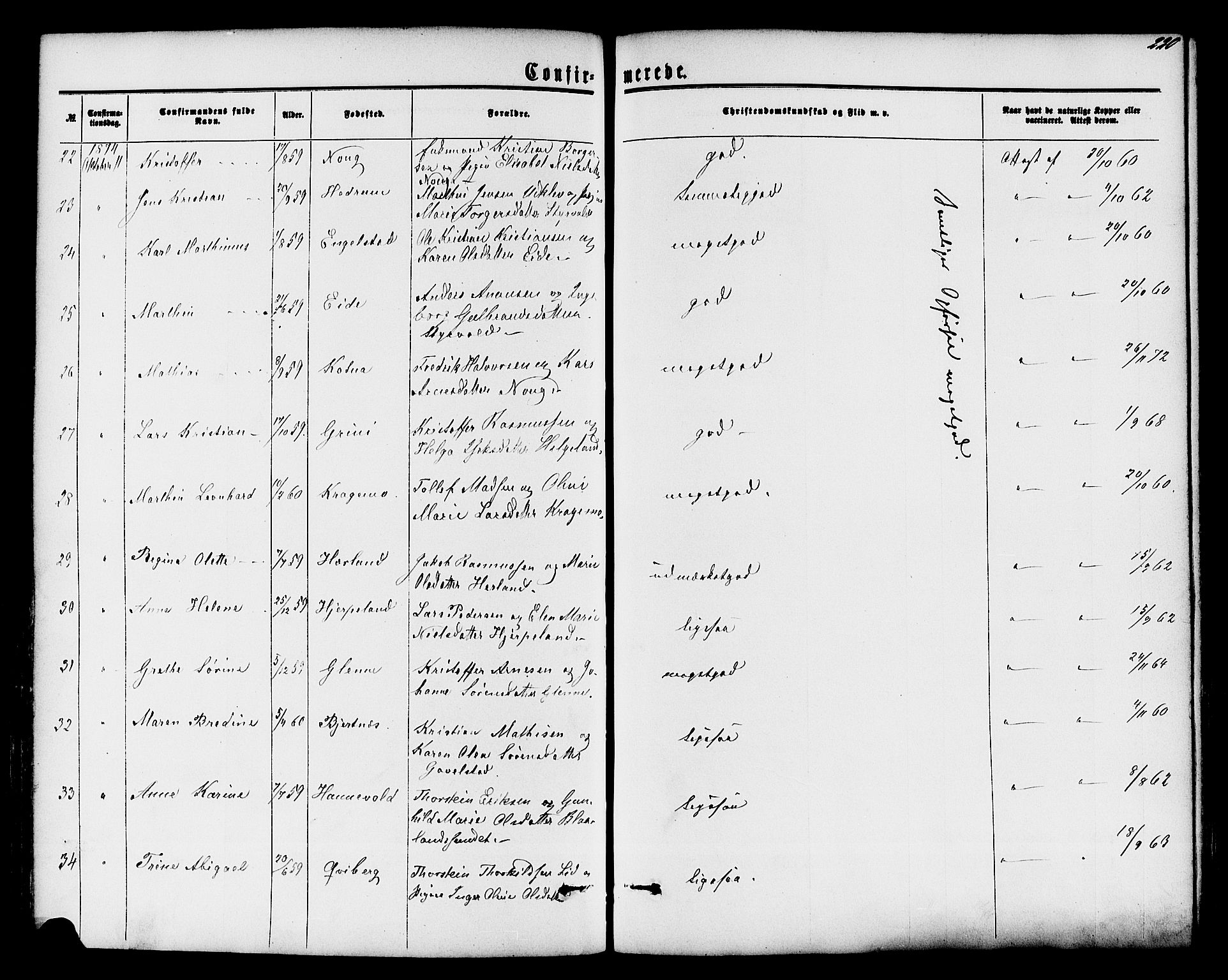 Lardal kirkebøker, SAKO/A-350/F/Fa/L0007: Parish register (official) no. I 7, 1861-1880, p. 220
