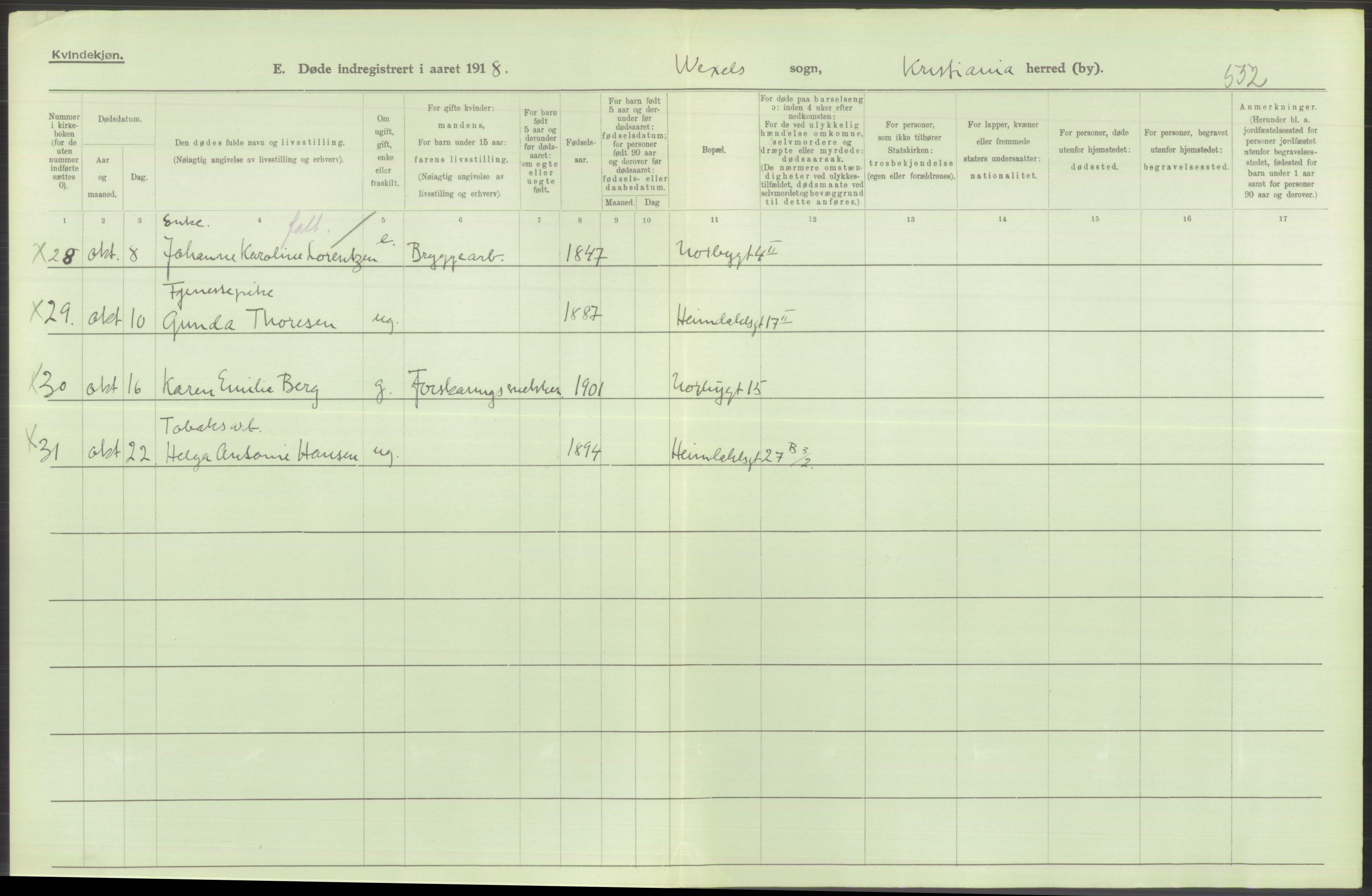 Statistisk sentralbyrå, Sosiodemografiske emner, Befolkning, AV/RA-S-2228/D/Df/Dfb/Dfbh/L0011: Kristiania: Døde, dødfødte, 1918, p. 434