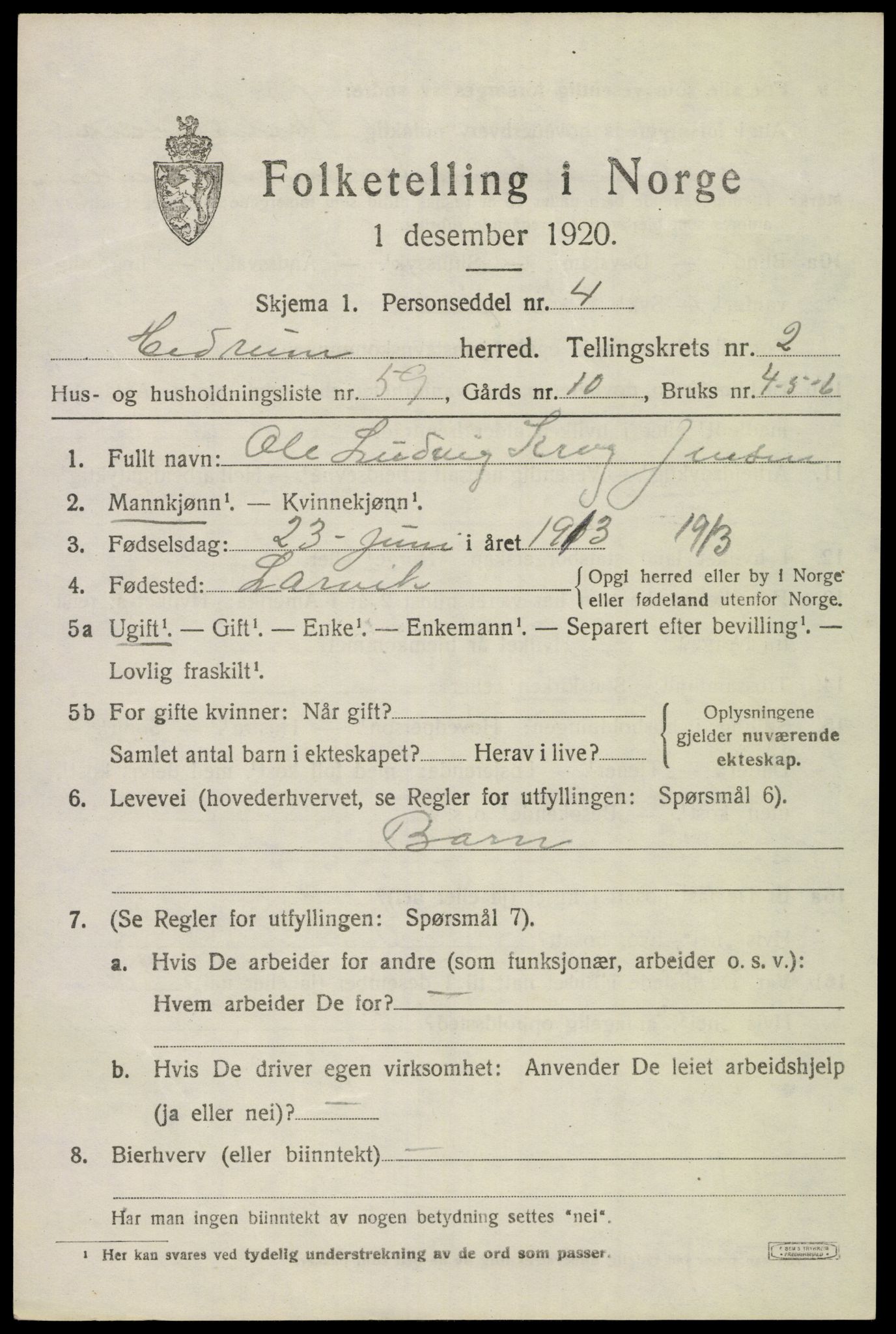 SAKO, 1920 census for Hedrum, 1920, p. 3273