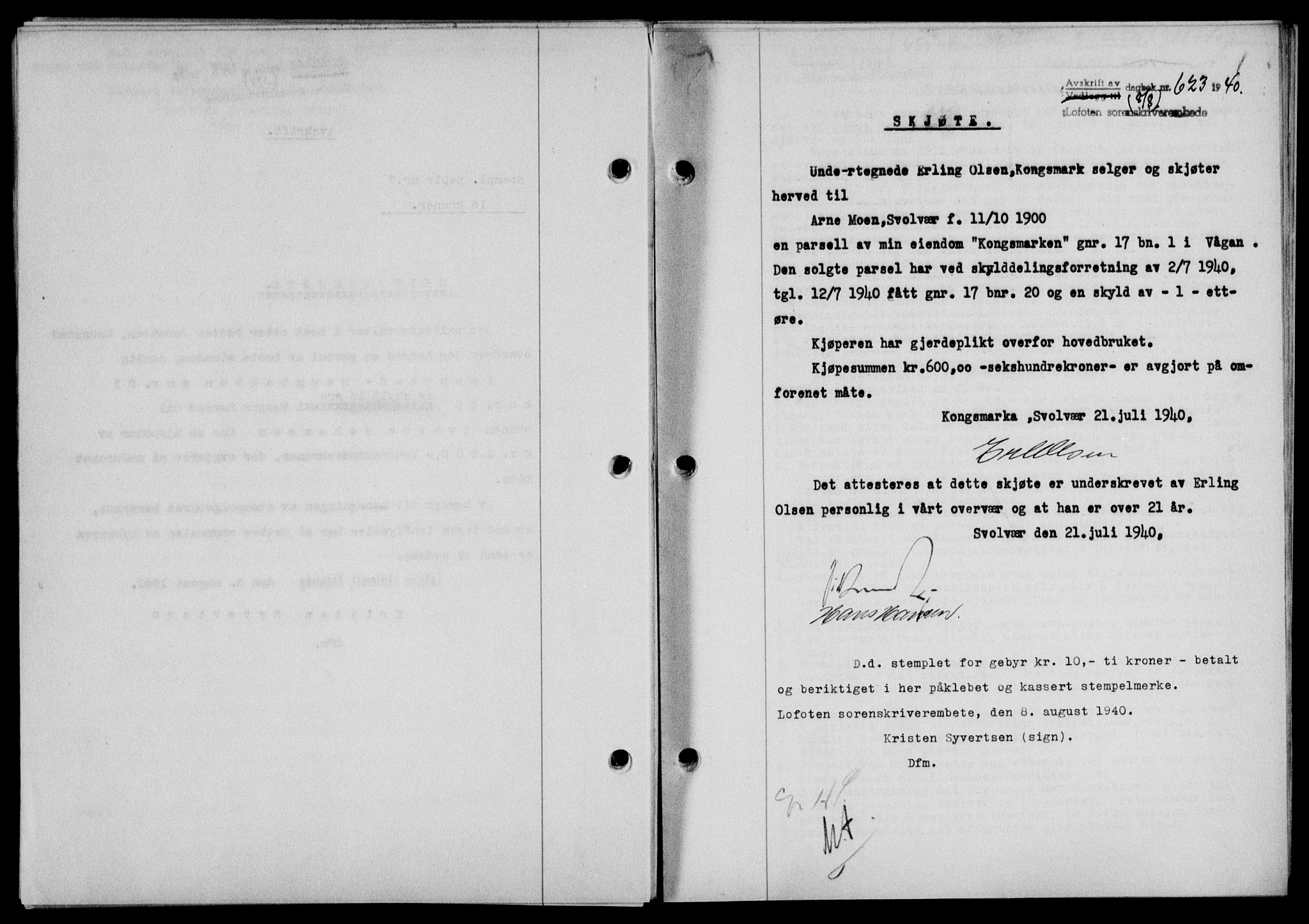 Lofoten sorenskriveri, SAT/A-0017/1/2/2C/L0007a: Mortgage book no. 7a, 1939-1940, Diary no: : 623/1940