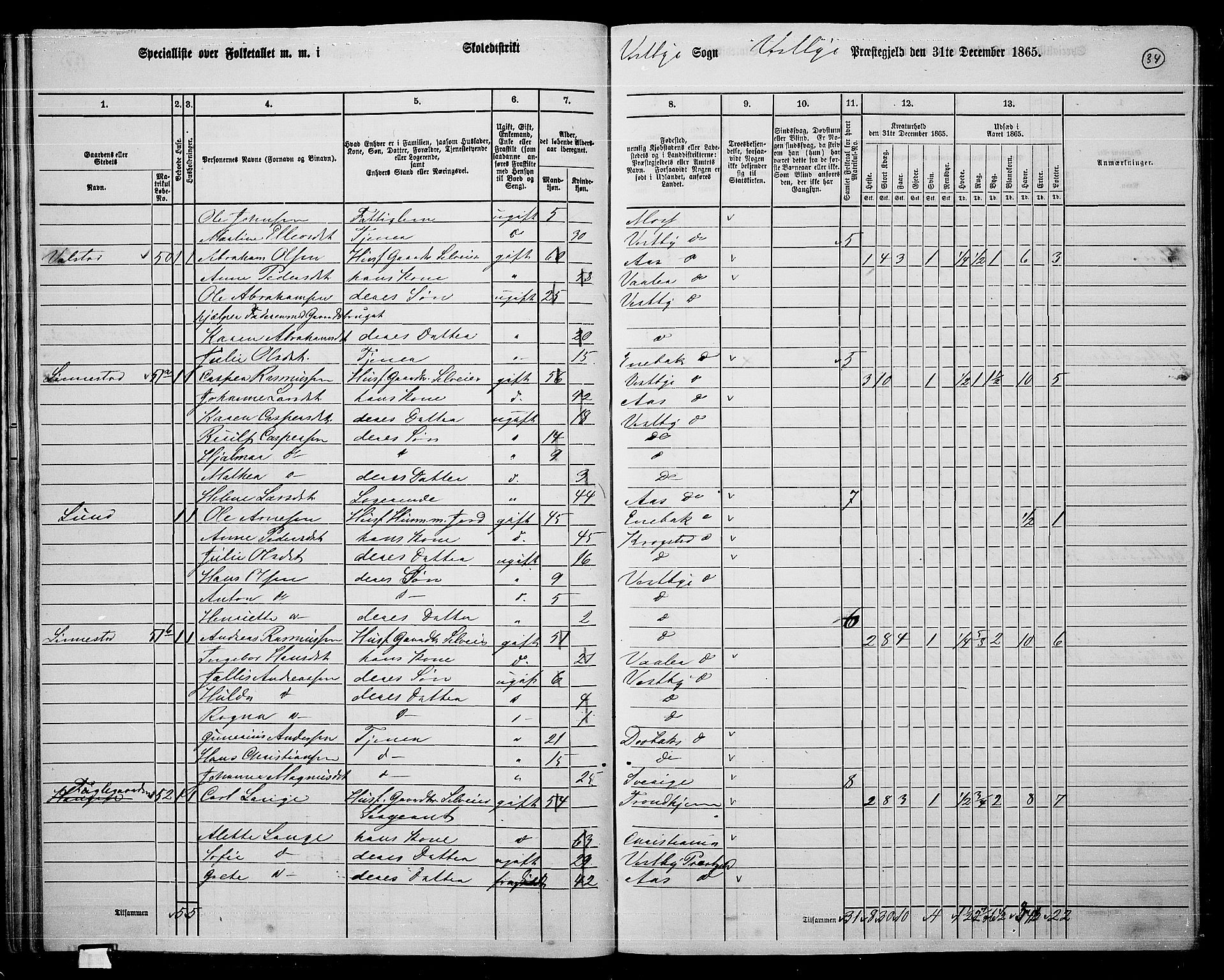 RA, 1865 census for Vestby, 1865, p. 34