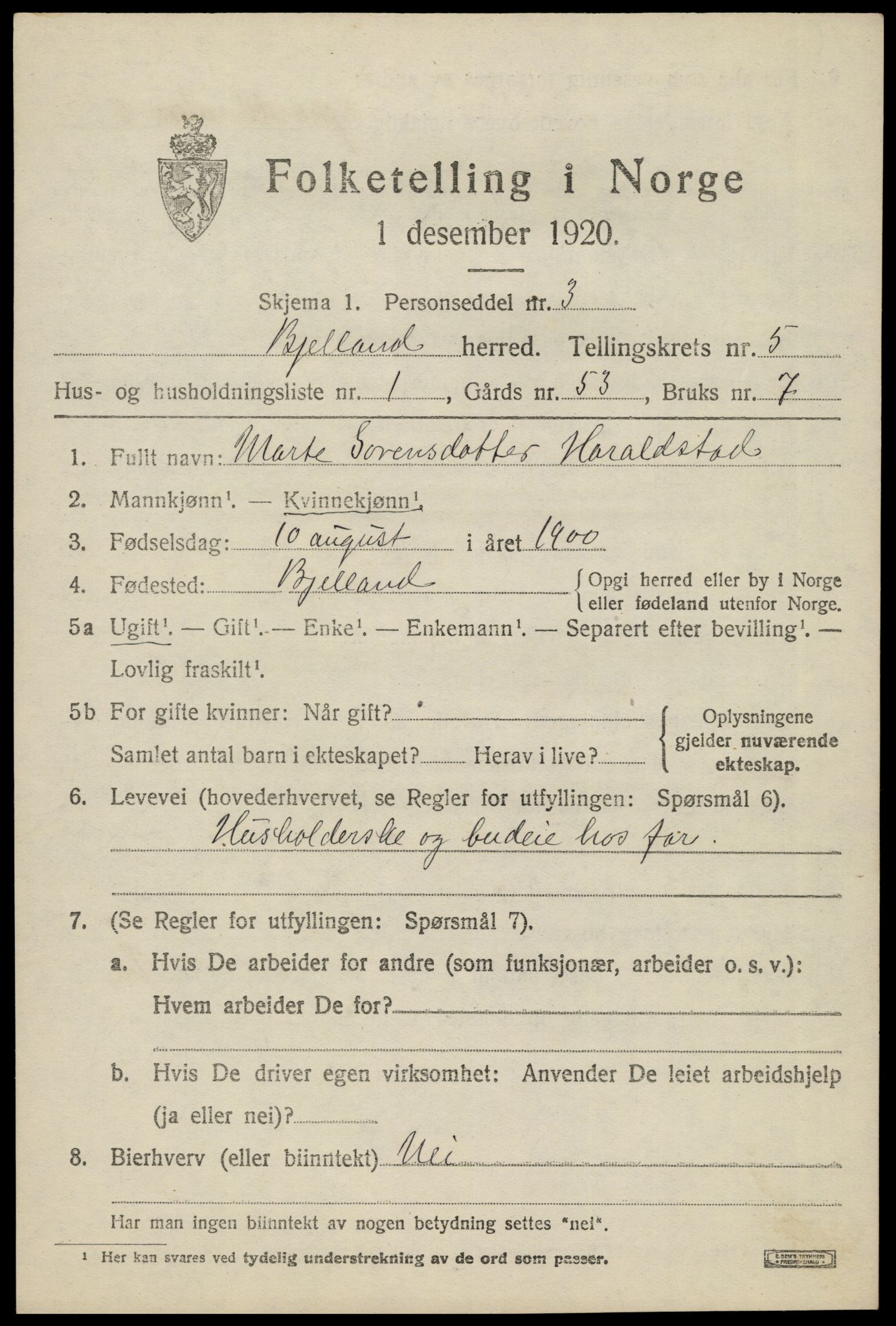 SAK, 1920 census for Bjelland, 1920, p. 1479