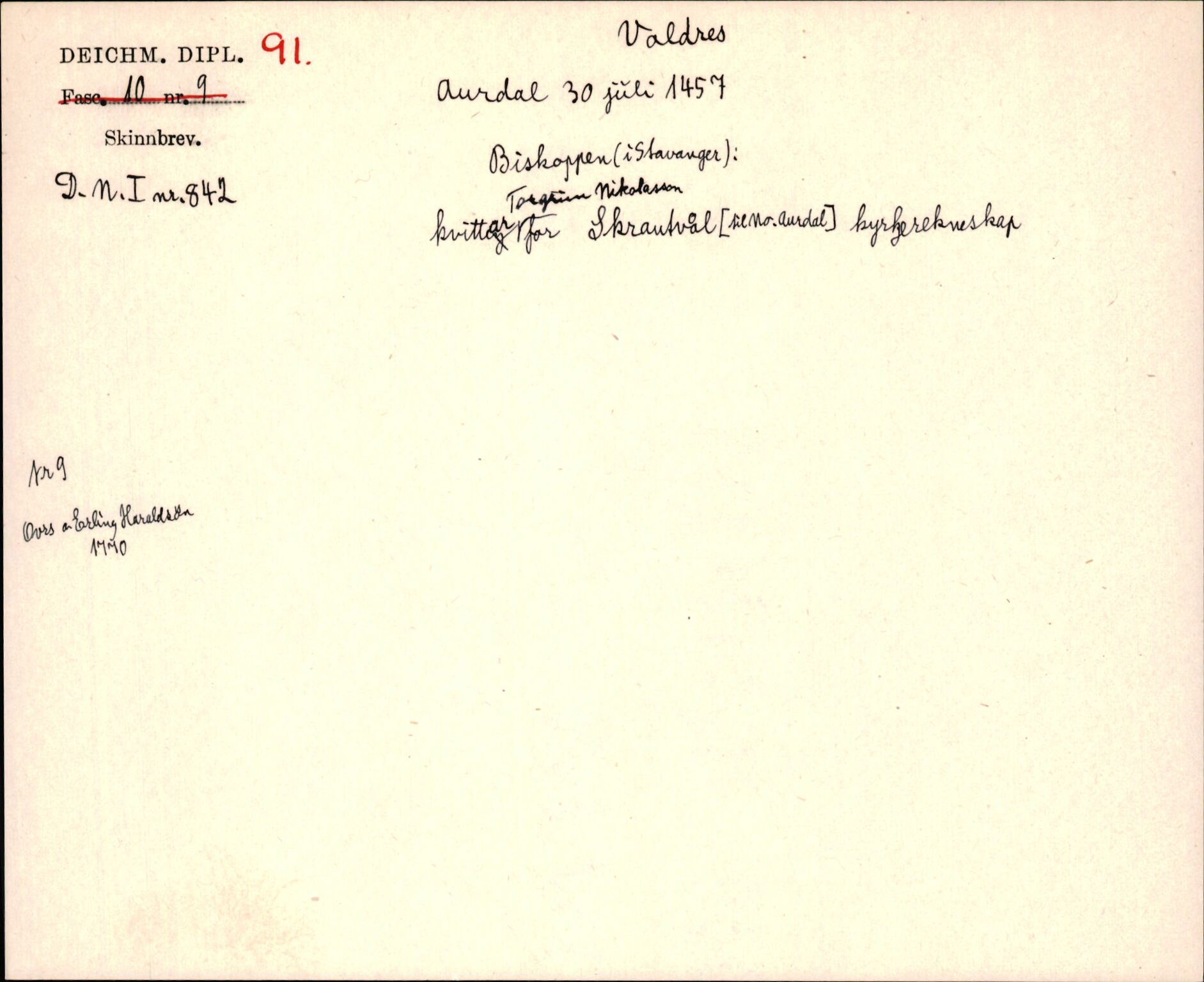 Riksarkivets diplomsamling, AV/RA-EA-5965/F35/F35j/L0001: Regestsedler: Deichmanske diplomer nr. 1-450, p. 191